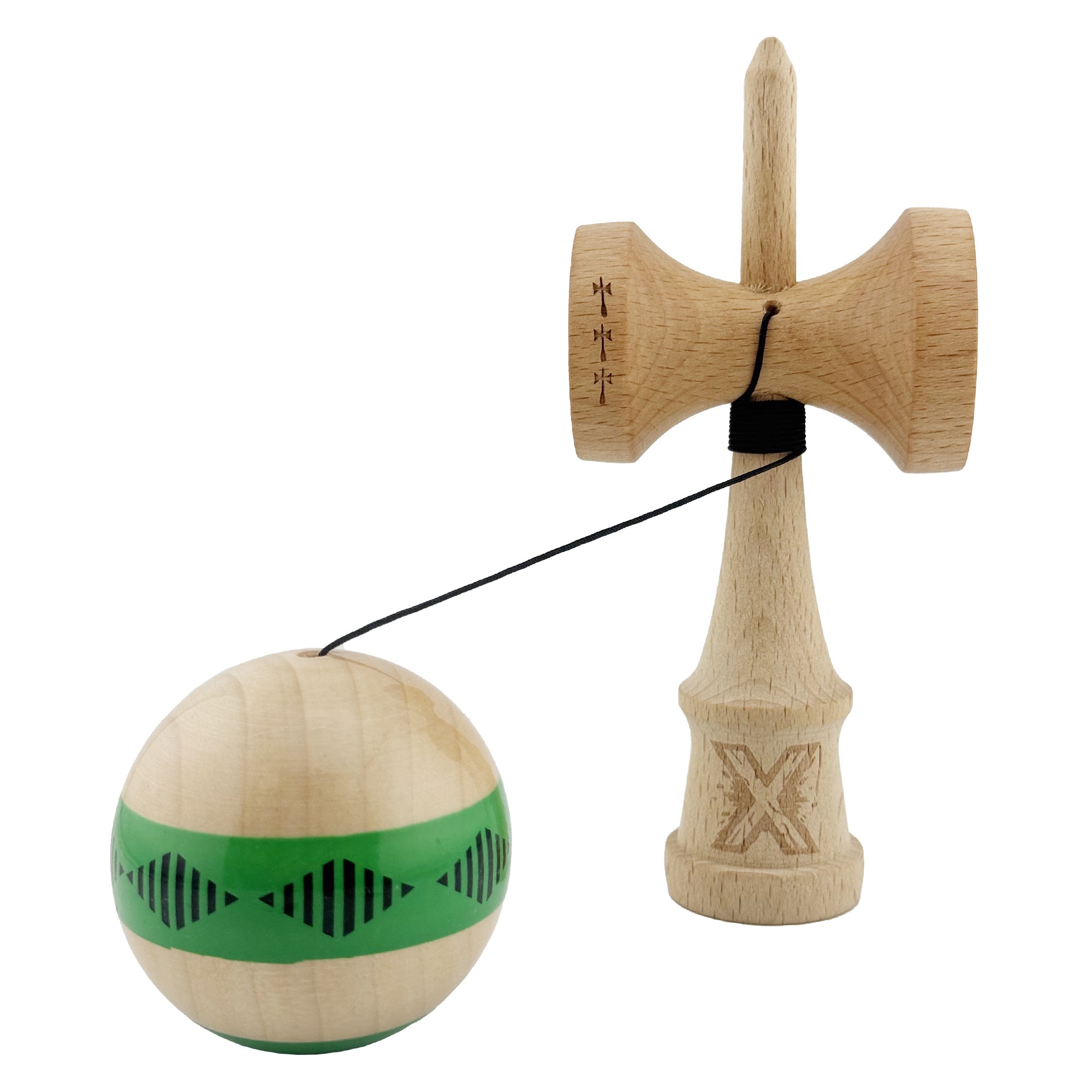 Kendama X FREQUENCY Originala, Profesionala, Flippy, Big Cups V2, Super Sticky cu Cupe Mari, Rulment Metalic, din lemn 18 cm, Ata 55 cm, Verde/Maro