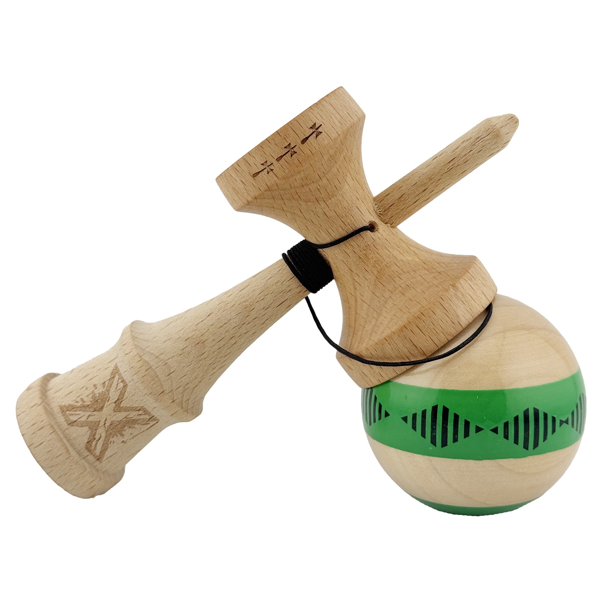 Kendama X FREQUENCY Originala, Profesionala, Flippy, Big Cups V2, Super Sticky cu Cupe Mari, Rulment Metalic, din lemn 18 cm, Ata 55 cm, Verde/Maro