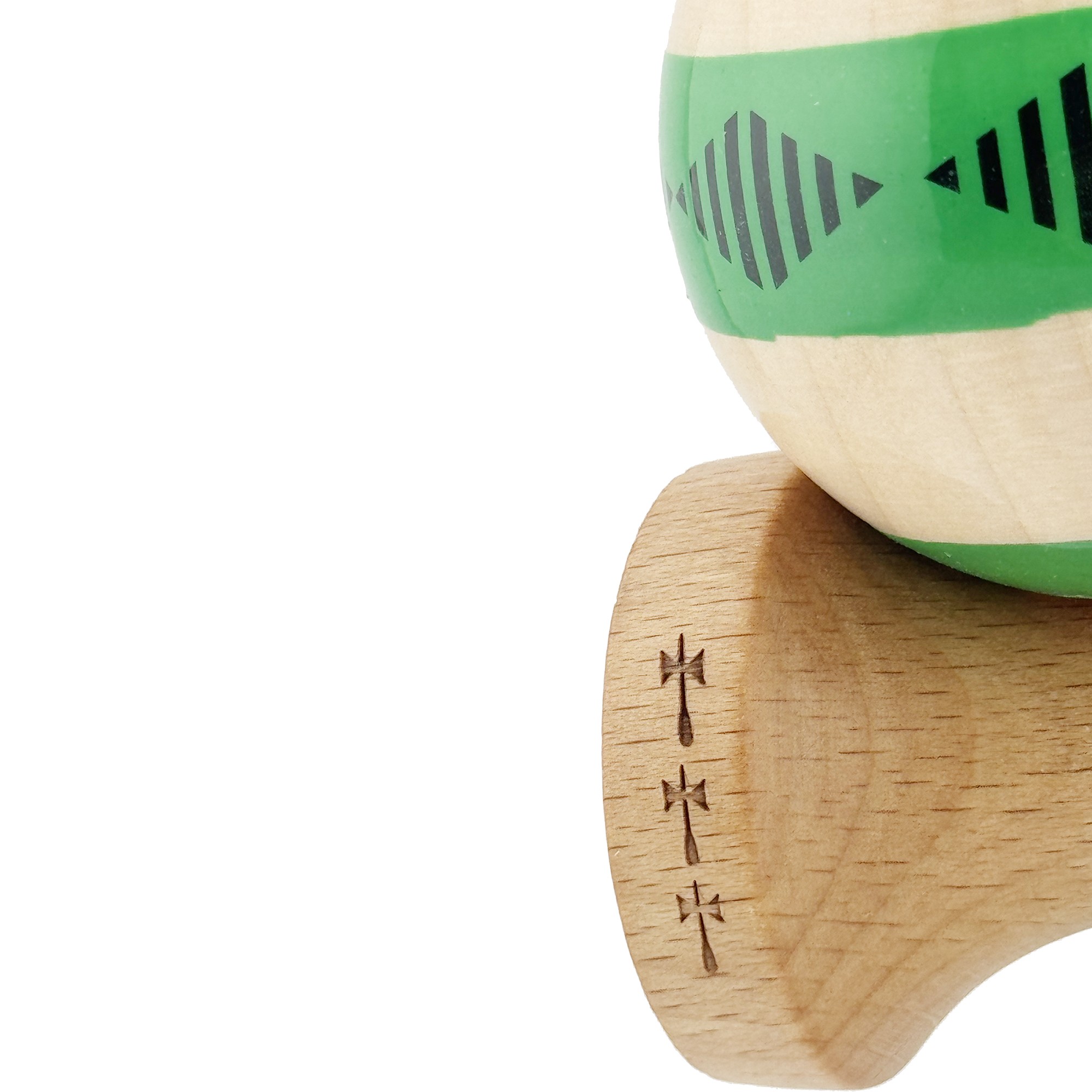 Kendama X FREQUENCY Originala, Profesionala, Flippy, Big Cups V2, Super Sticky cu Cupe Mari, Rulment Metalic, din lemn 18 cm, Ata 55 cm, Verde/Maro
