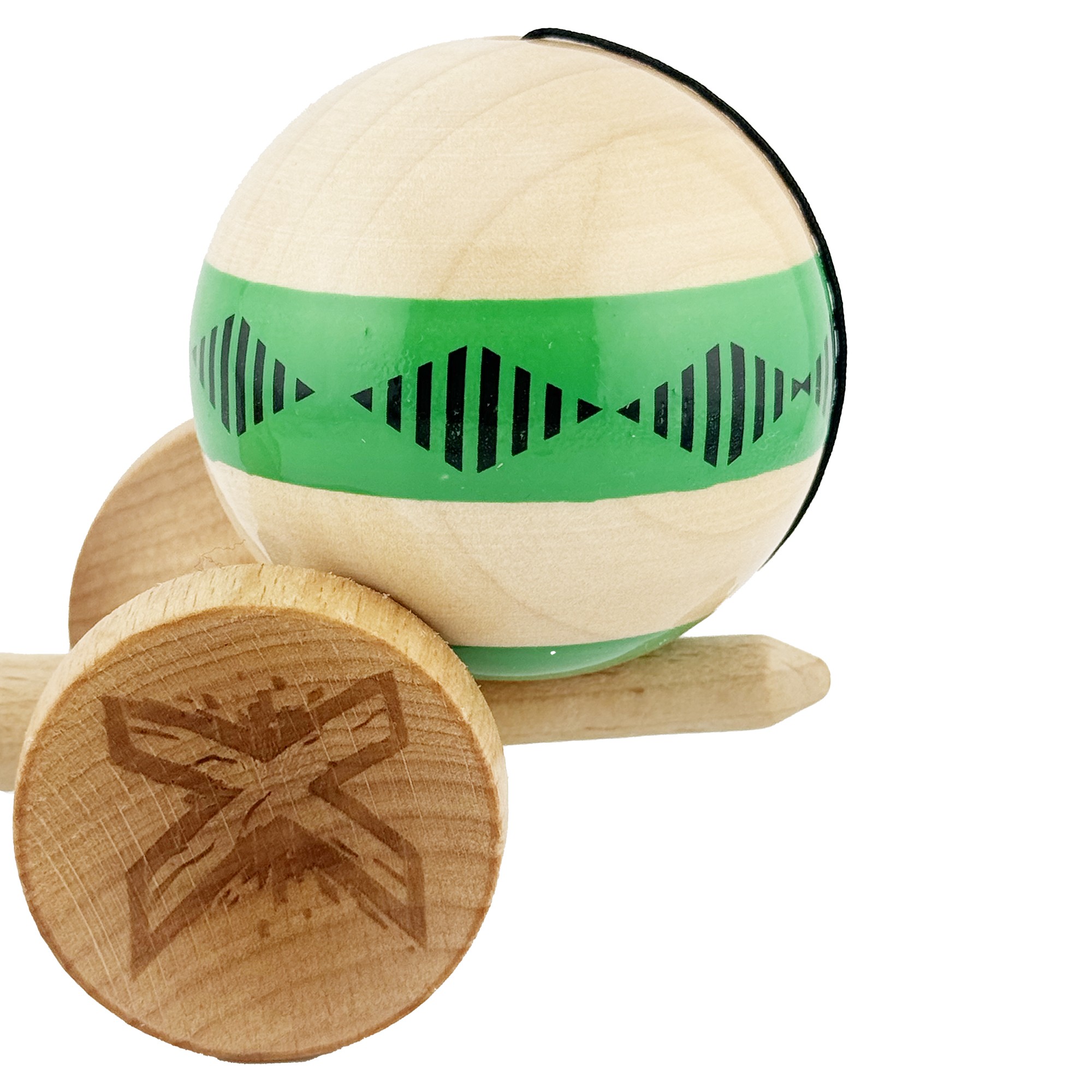 Kendama X FREQUENCY Originala, Profesionala, Flippy, Big Cups V2, Super Sticky cu Cupe Mari, Rulment Metalic, din lemn 18 cm, Ata 55 cm, Verde/Maro