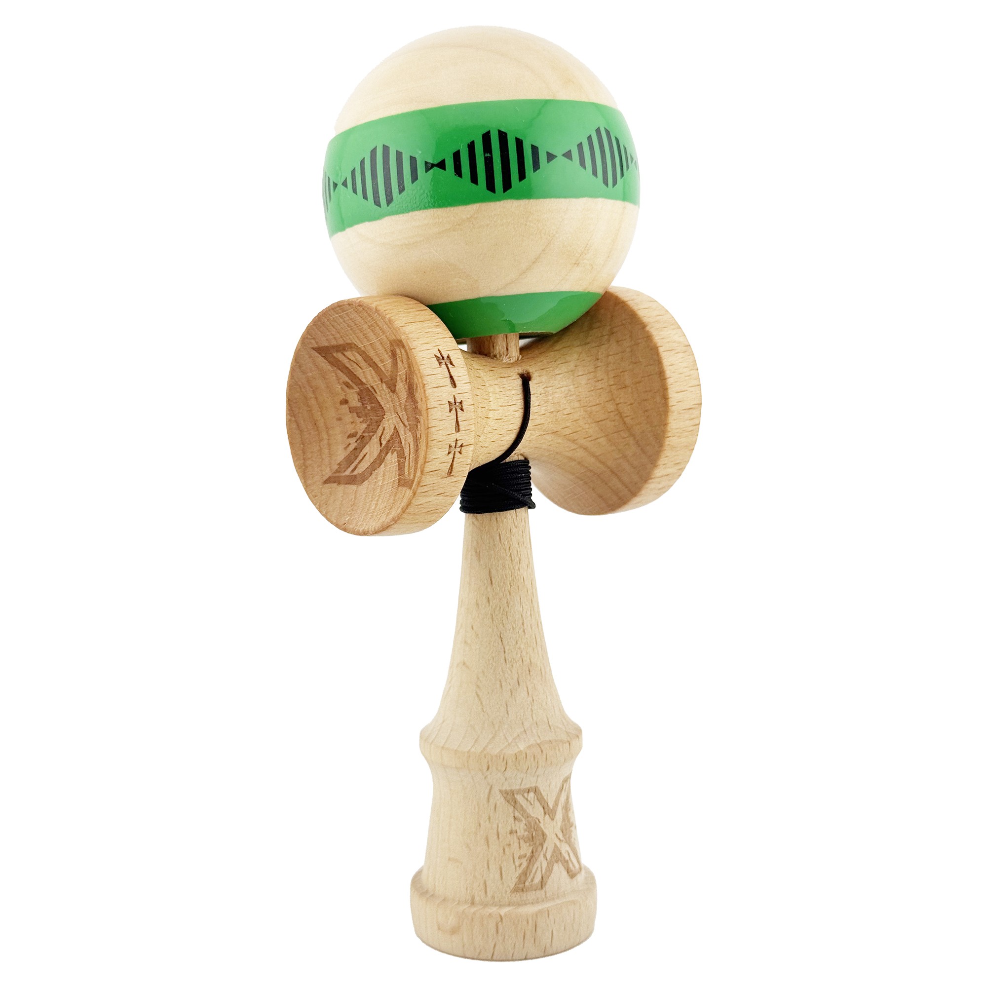Kendama X FREQUENCY Originala, Profesionala, Flippy, Big Cups V2, Super Sticky cu Cupe Mari, Rulment Metalic, din lemn 18 cm, Ata 55 cm, Verde/Maro
