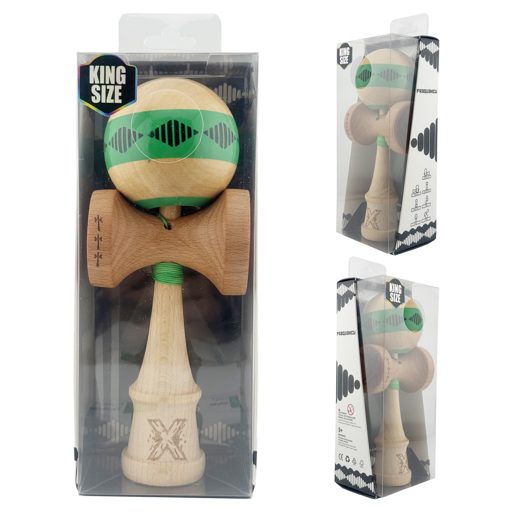 Kendama X FREQUENCY Originala, Profesionala, Flippy, Big Cups V2, Super Sticky cu Cupe Mari, Rulment Metalic, din lemn 18 cm, Ata 55 cm, Verde/Maro