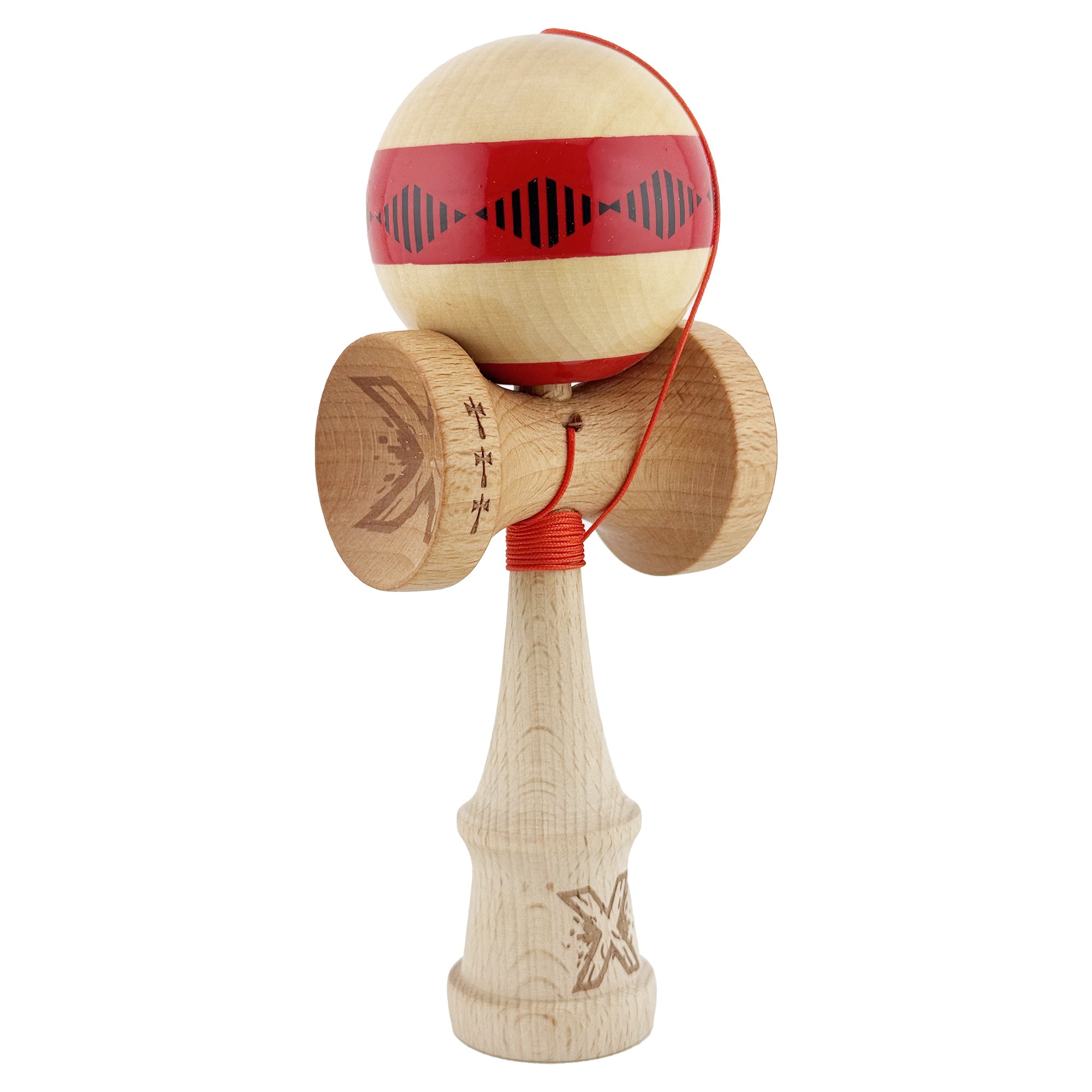 Kendama X FREQUENCY Originala, Profesionala, Flippy, Big Cups V2, Super Sticky cu Cupe Mari, Rulment Metalic, din lemn 18 cm, Ata 55 cm, Rosu/Maro