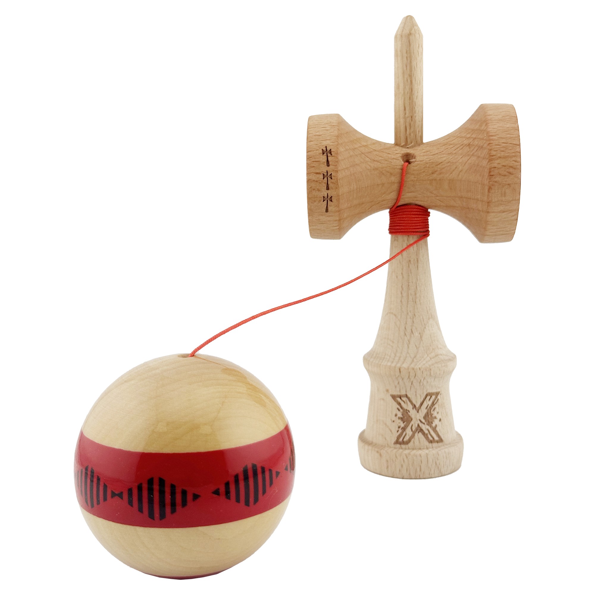Kendama X FREQUENCY Originala, Profesionala, Flippy, Big Cups V2, Super Sticky cu Cupe Mari, Rulment Metalic, din lemn 18 cm, Ata 55 cm, Rosu/Maro