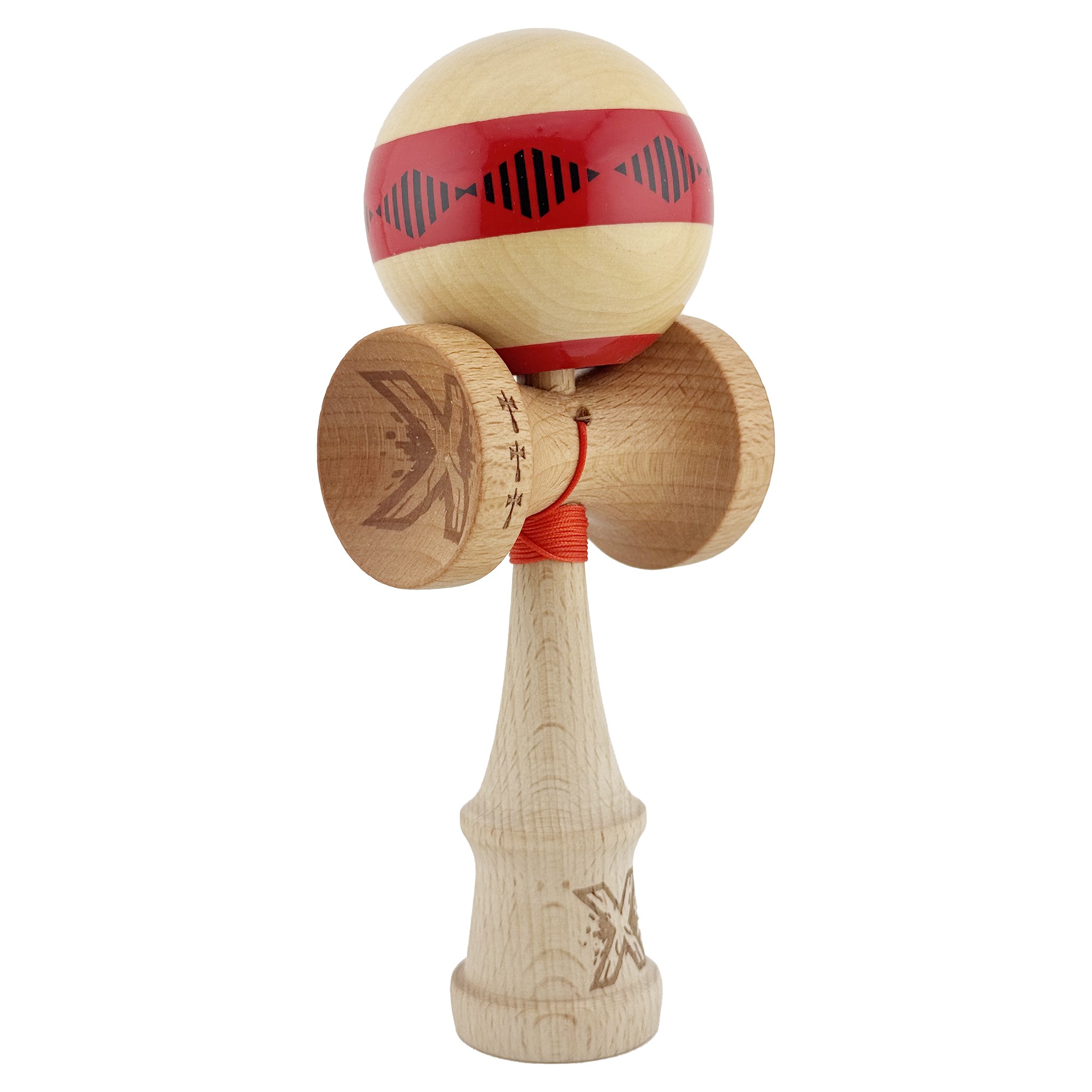Kendama X FREQUENCY Originala, Profesionala, Flippy, Big Cups V2, Super Sticky cu Cupe Mari, Rulment Metalic, din lemn 18 cm, Ata 55 cm, Rosu/Maro
