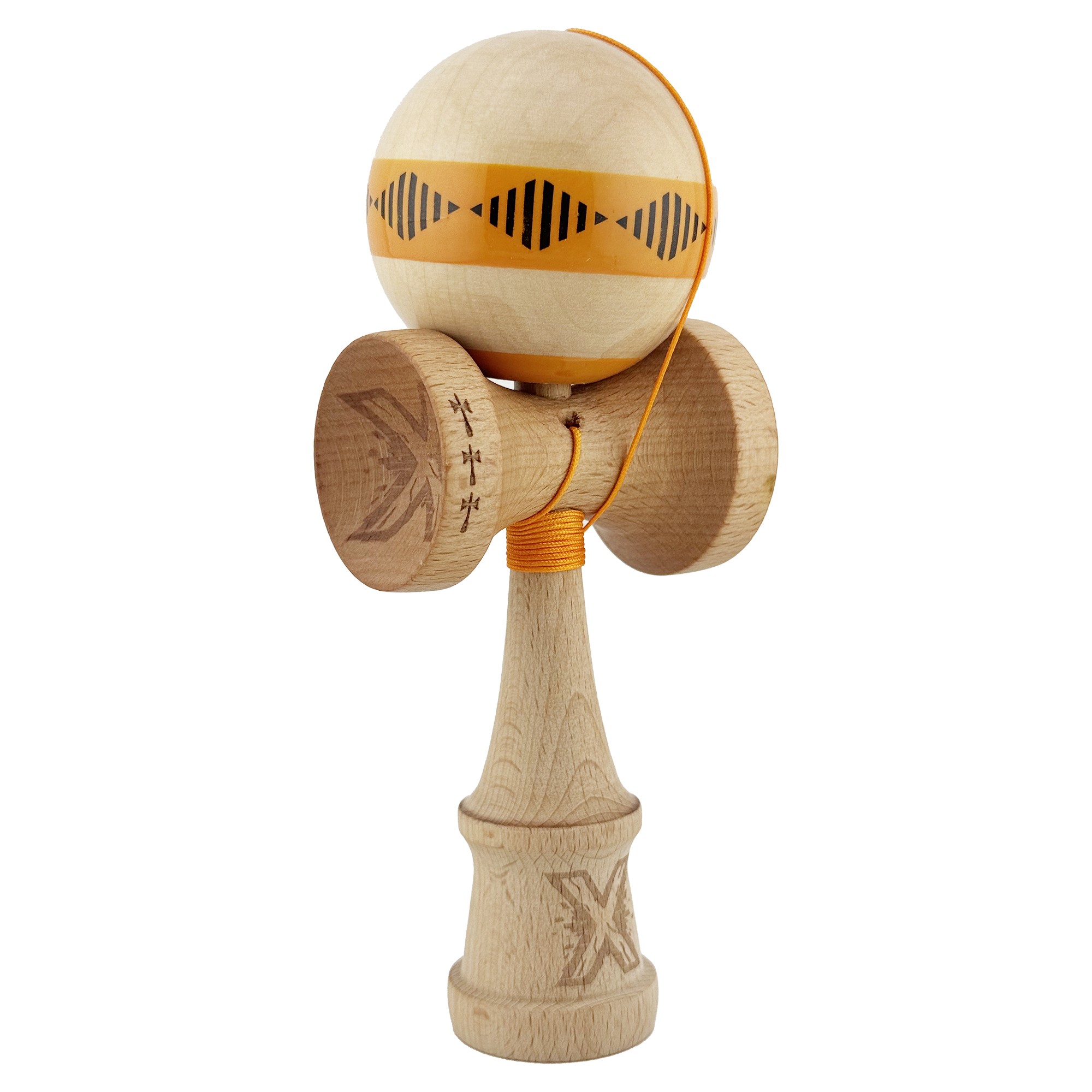 Kendama X FREQUENCY Originala, Profesionala, Flippy, Big Cups V2, Super Sticky cu Cupe Mari, Rulment Metalic, din lemn 18 cm, Ata 55 cm, Portocaliu/Maro