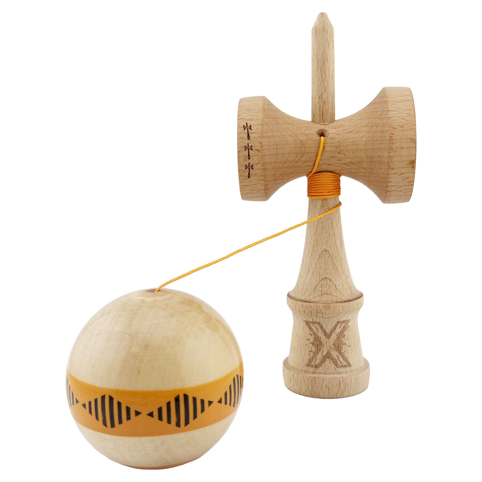 Kendama X FREQUENCY Originala, Profesionala, Flippy, Big Cups V2, Super Sticky cu Cupe Mari, Rulment Metalic, din lemn 18 cm, Ata 55 cm, Portocaliu/Maro
