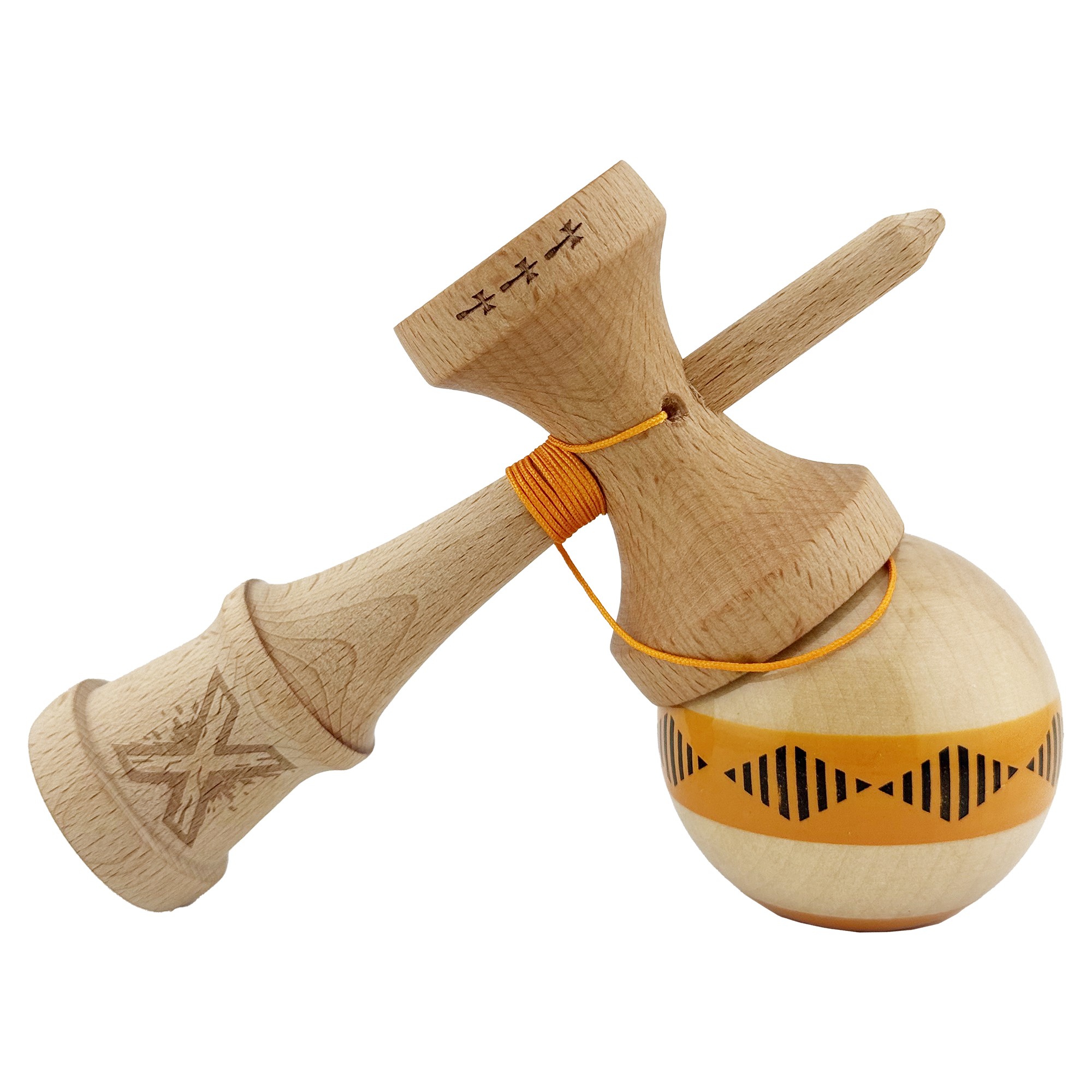 Kendama X FREQUENCY Originala, Profesionala, Flippy, Big Cups V2, Super Sticky cu Cupe Mari, Rulment Metalic, din lemn 18 cm, Ata 55 cm, Portocaliu/Maro