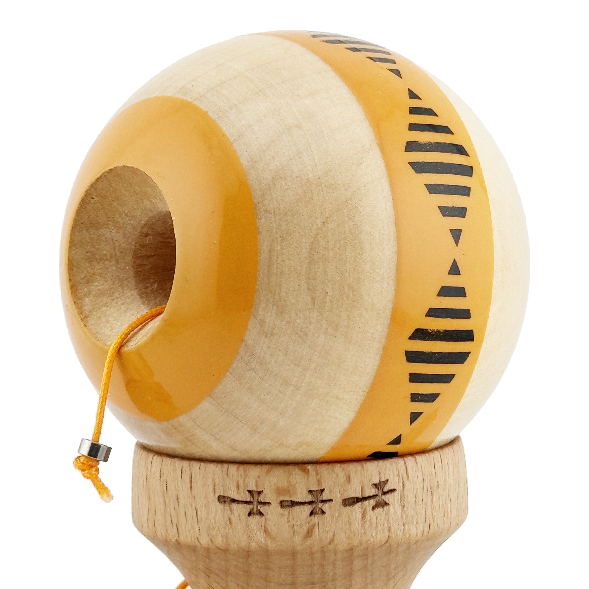 Kendama X FREQUENCY Originala, Profesionala, Flippy, Big Cups V2, Super Sticky cu Cupe Mari, Rulment Metalic, din lemn 18 cm, Ata 55 cm, Portocaliu/Maro