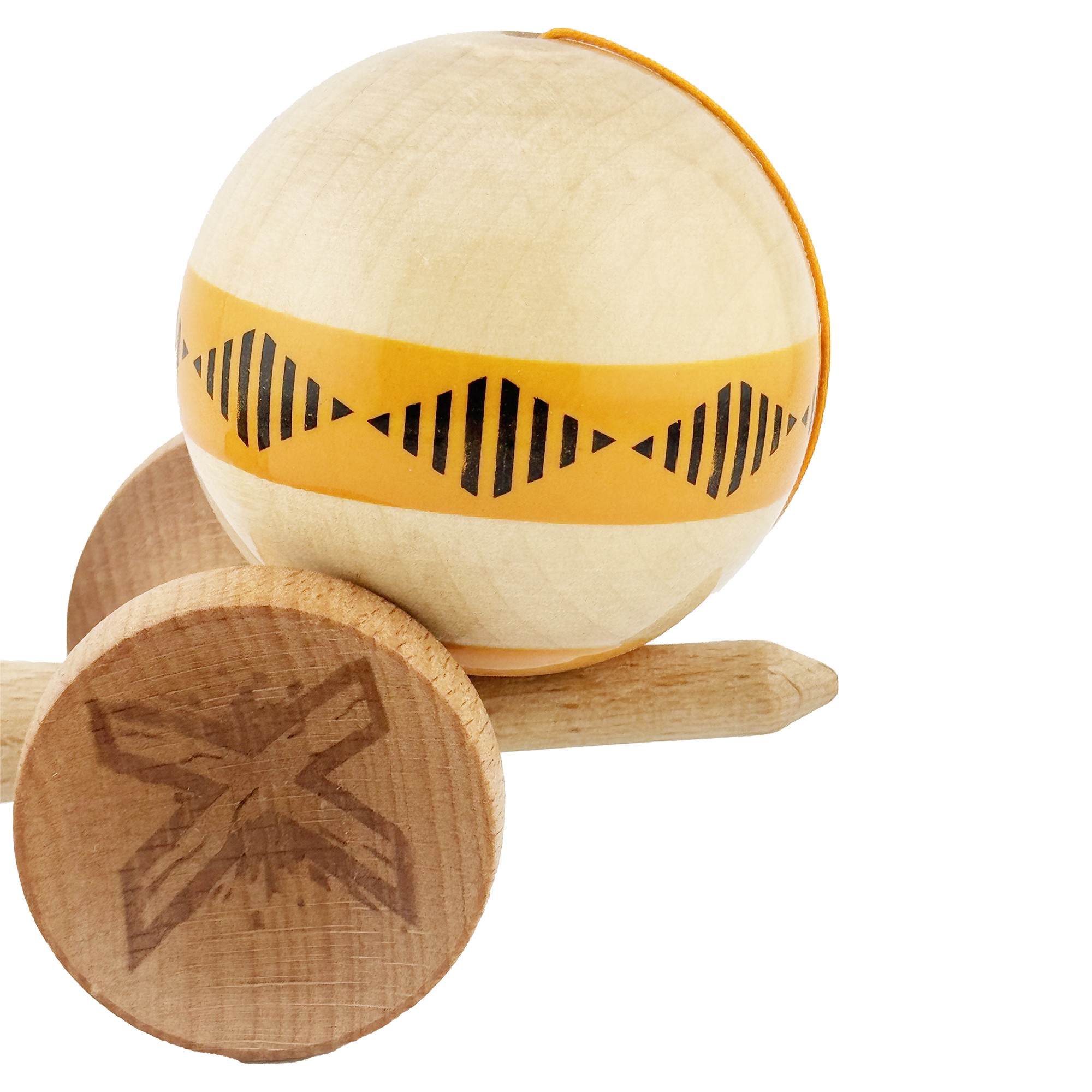 Kendama X FREQUENCY Originala, Profesionala, Flippy, Big Cups V2, Super Sticky cu Cupe Mari, Rulment Metalic, din lemn 18 cm, Ata 55 cm, Portocaliu/Maro