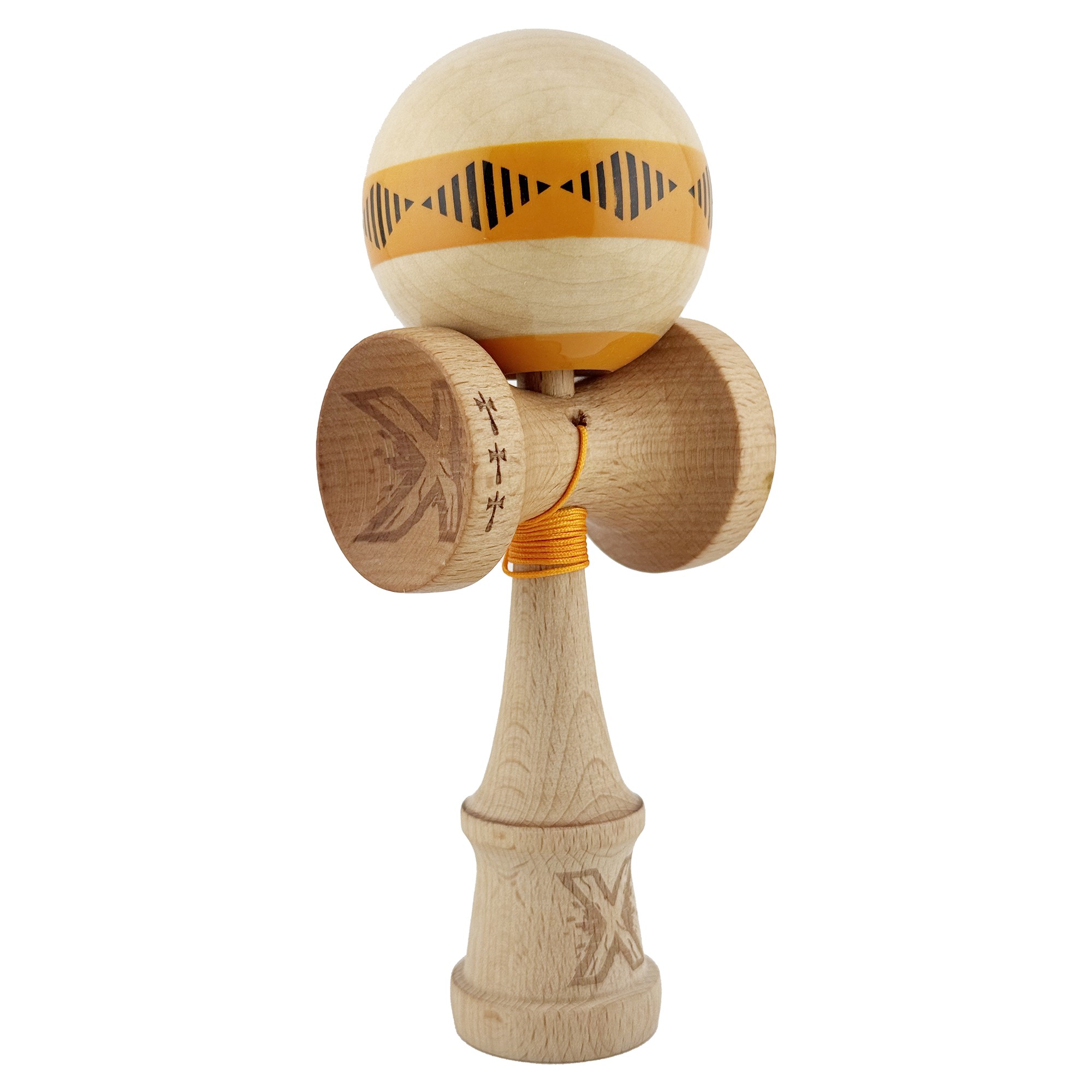 Kendama X FREQUENCY Originala, Profesionala, Flippy, Big Cups V2, Super Sticky cu Cupe Mari, Rulment Metalic, din lemn 18 cm, Ata 55 cm, Portocaliu/Maro