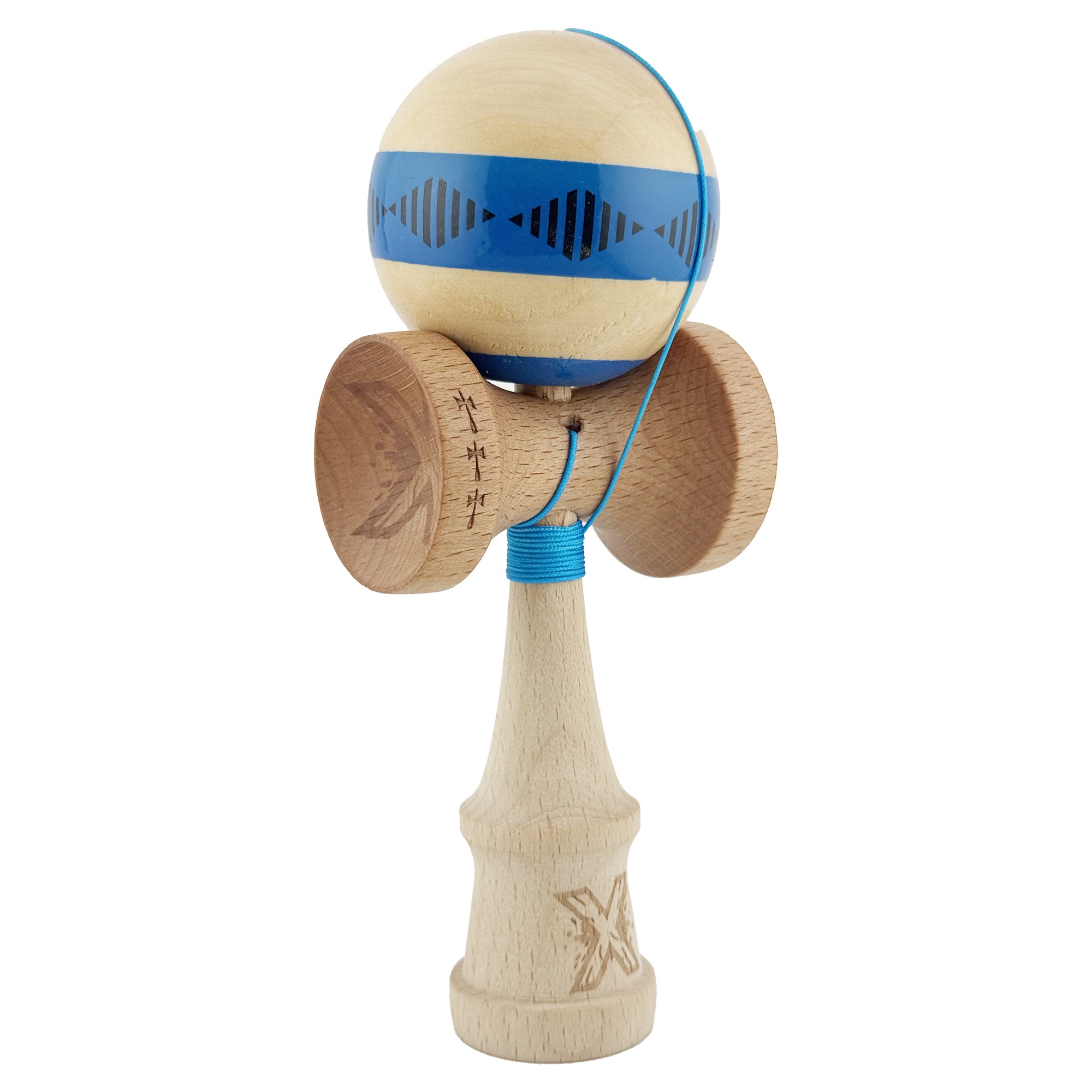 Kendama X FREQUENCY Originala, Profesionala, Flippy, Big Cups V2, Super Sticky cu Cupe Mari, Rulment Metalic, din lemn 18 cm, Ata 55 cm, Albastru/Maro