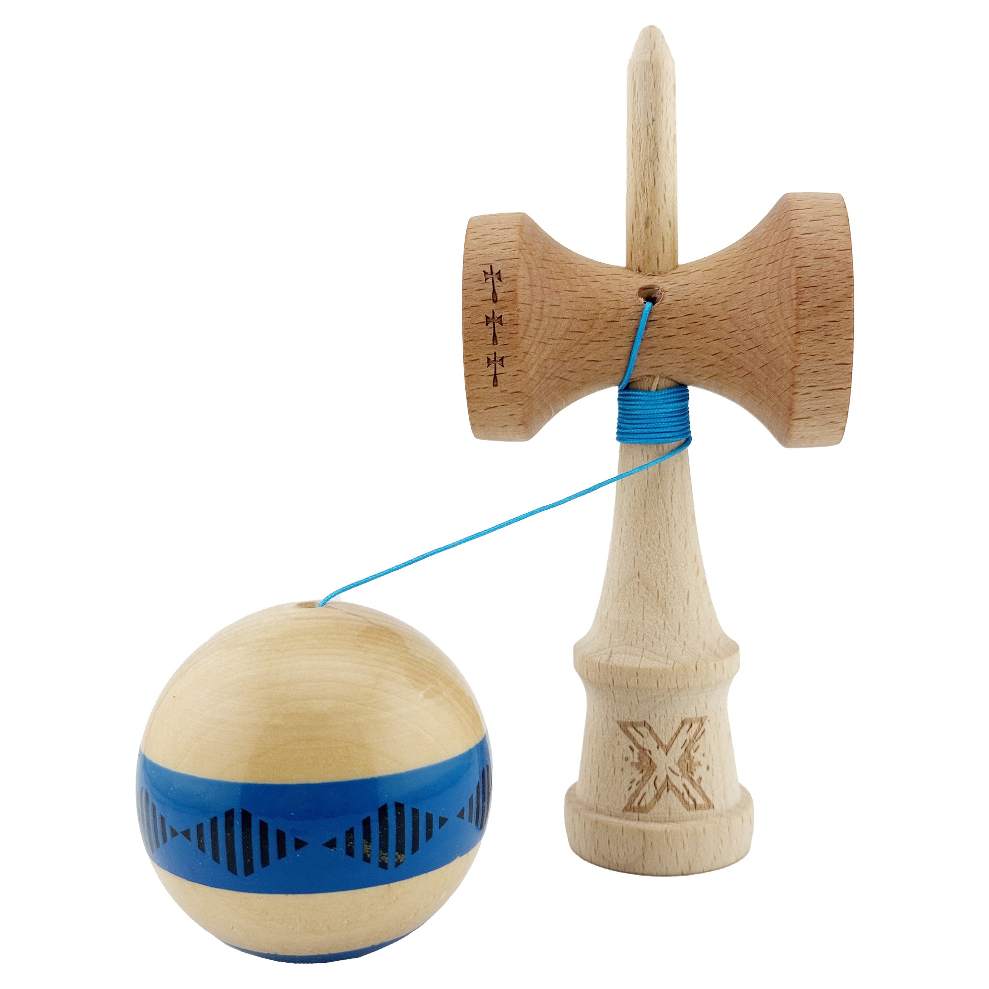 Kendama X FREQUENCY Originala, Profesionala, Flippy, Big Cups V2, Super Sticky cu Cupe Mari, Rulment Metalic, din lemn 18 cm, Ata 55 cm, Albastru/Maro