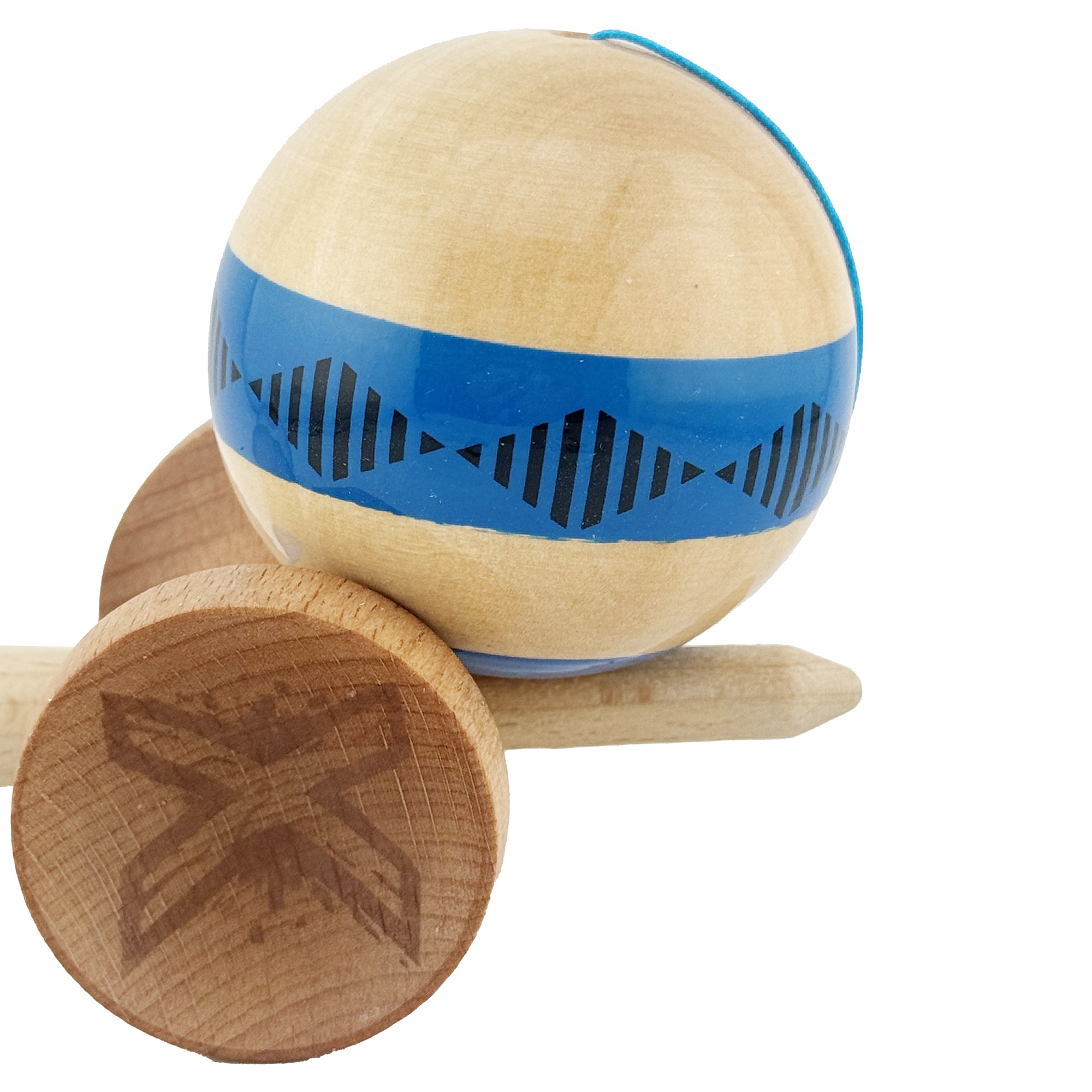 Kendama X FREQUENCY Originala, Profesionala, Flippy, Big Cups V2, Super Sticky cu Cupe Mari, Rulment Metalic, din lemn 18 cm, Ata 55 cm, Albastru/Maro