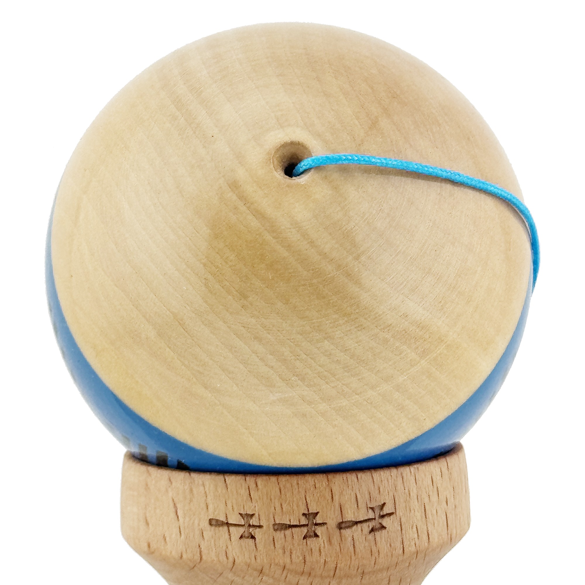 Kendama X FREQUENCY Originala, Profesionala, Flippy, Big Cups V2, Super Sticky cu Cupe Mari, Rulment Metalic, din lemn 18 cm, Ata 55 cm, Albastru/Maro