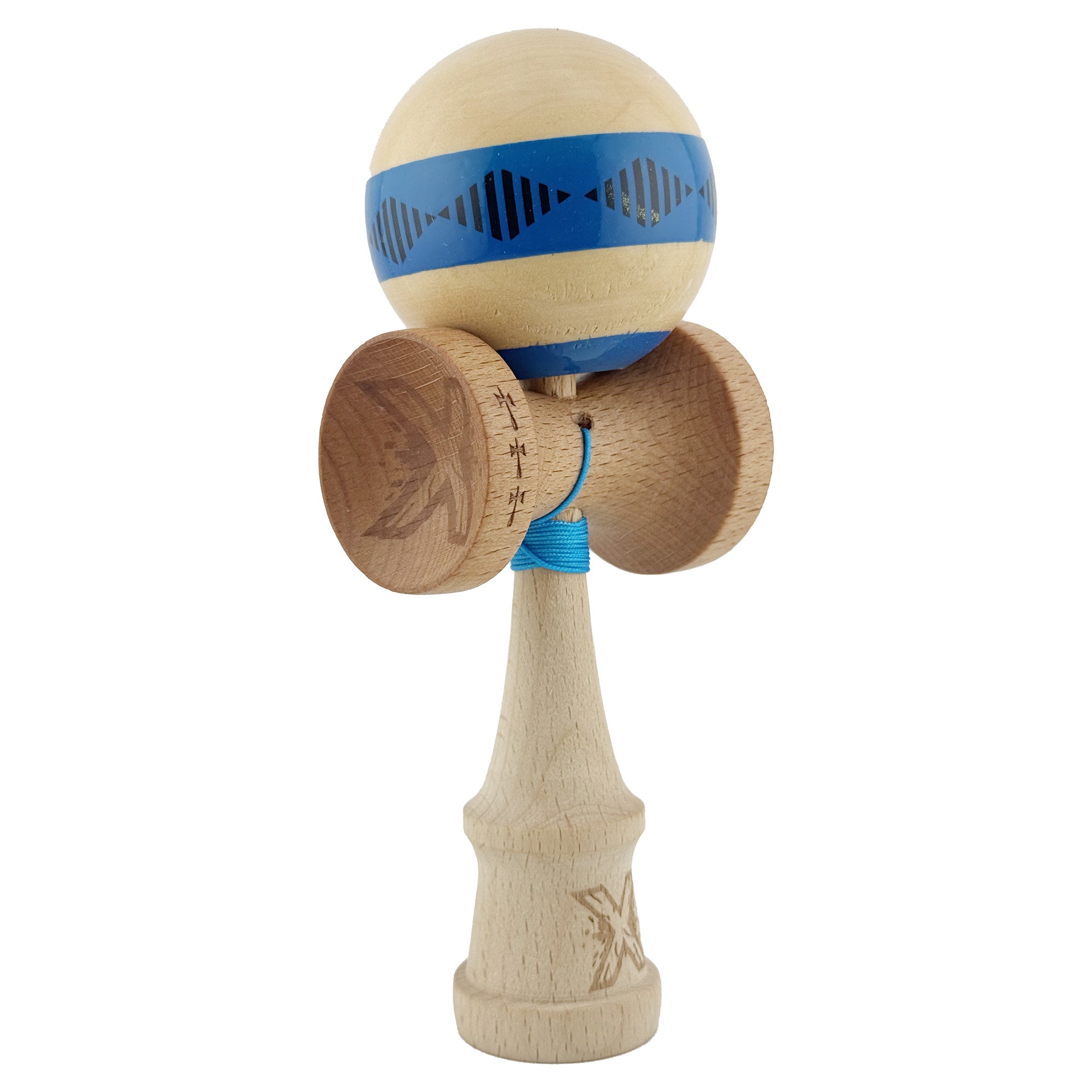 Kendama X FREQUENCY Originala, Profesionala, Flippy, Big Cups V2, Super Sticky cu Cupe Mari, Rulment Metalic, din lemn 18 cm, Ata 55 cm, Albastru/Maro