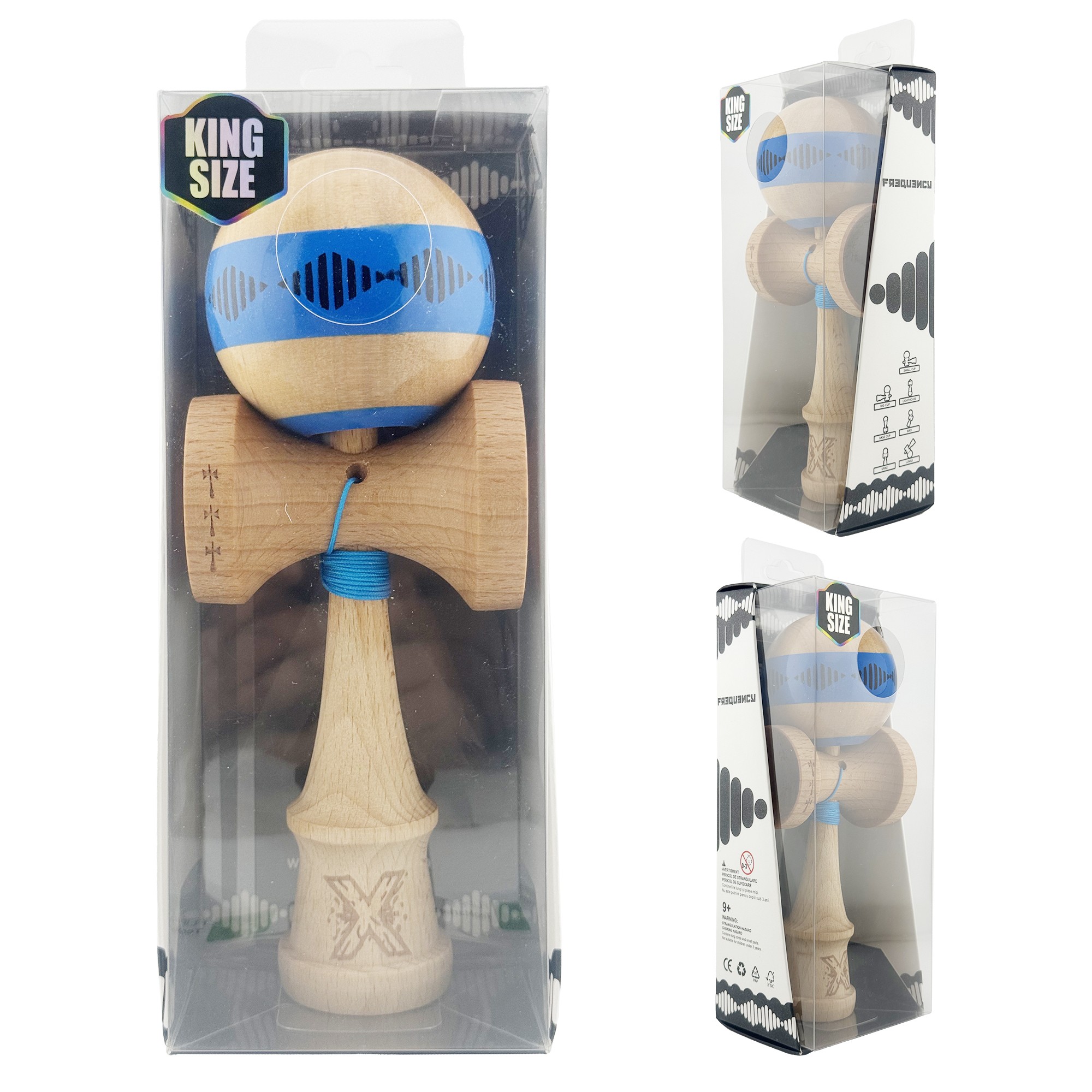 Kendama X FREQUENCY Originala, Profesionala, Flippy, Big Cups V2, Super Sticky cu Cupe Mari, Rulment Metalic, din lemn 18 cm, Ata 55 cm, Albastru/Maro