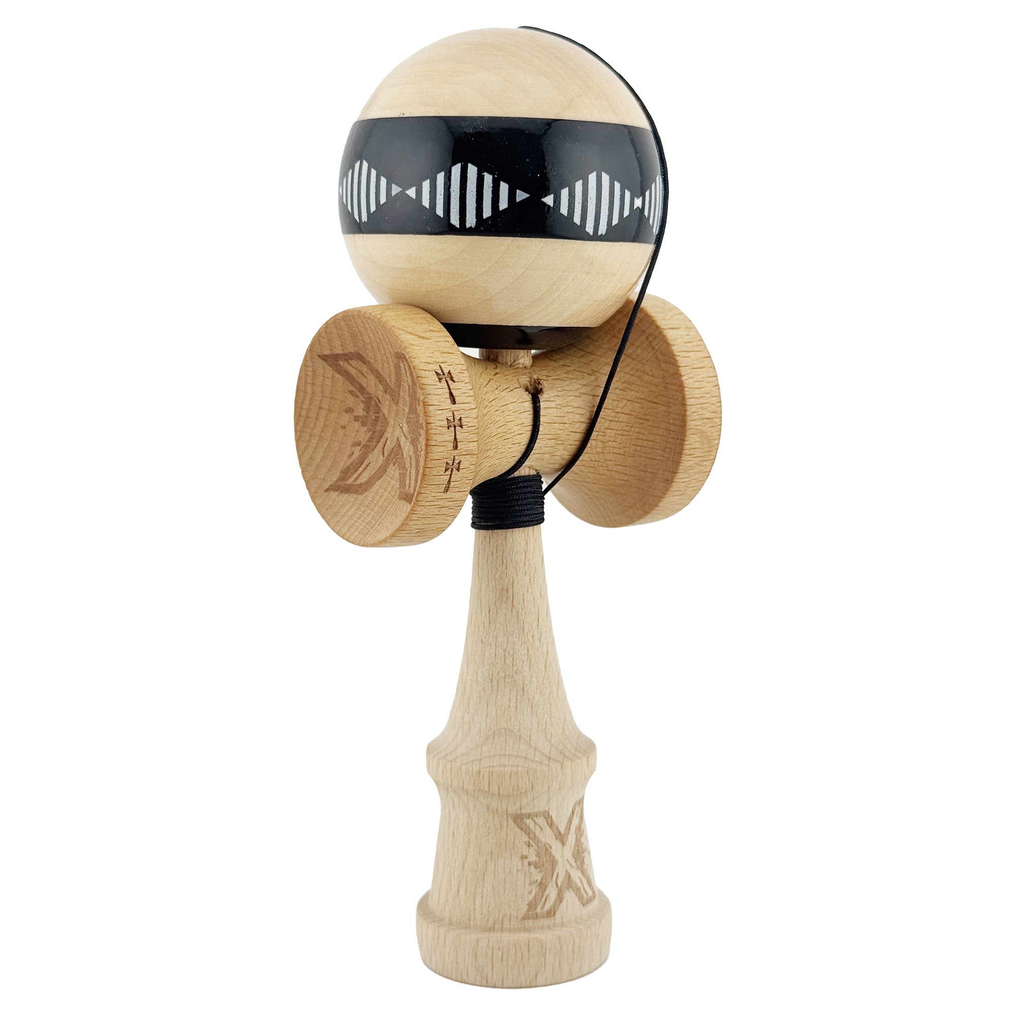 Kendama X FREQUENCY Originala, Profesionala, Flippy, Big Cups V2, Super Sticky cu Cupe Mari, Rulment Metalic, din lemn 18 cm, Ata 55 cm, Negru/Maro