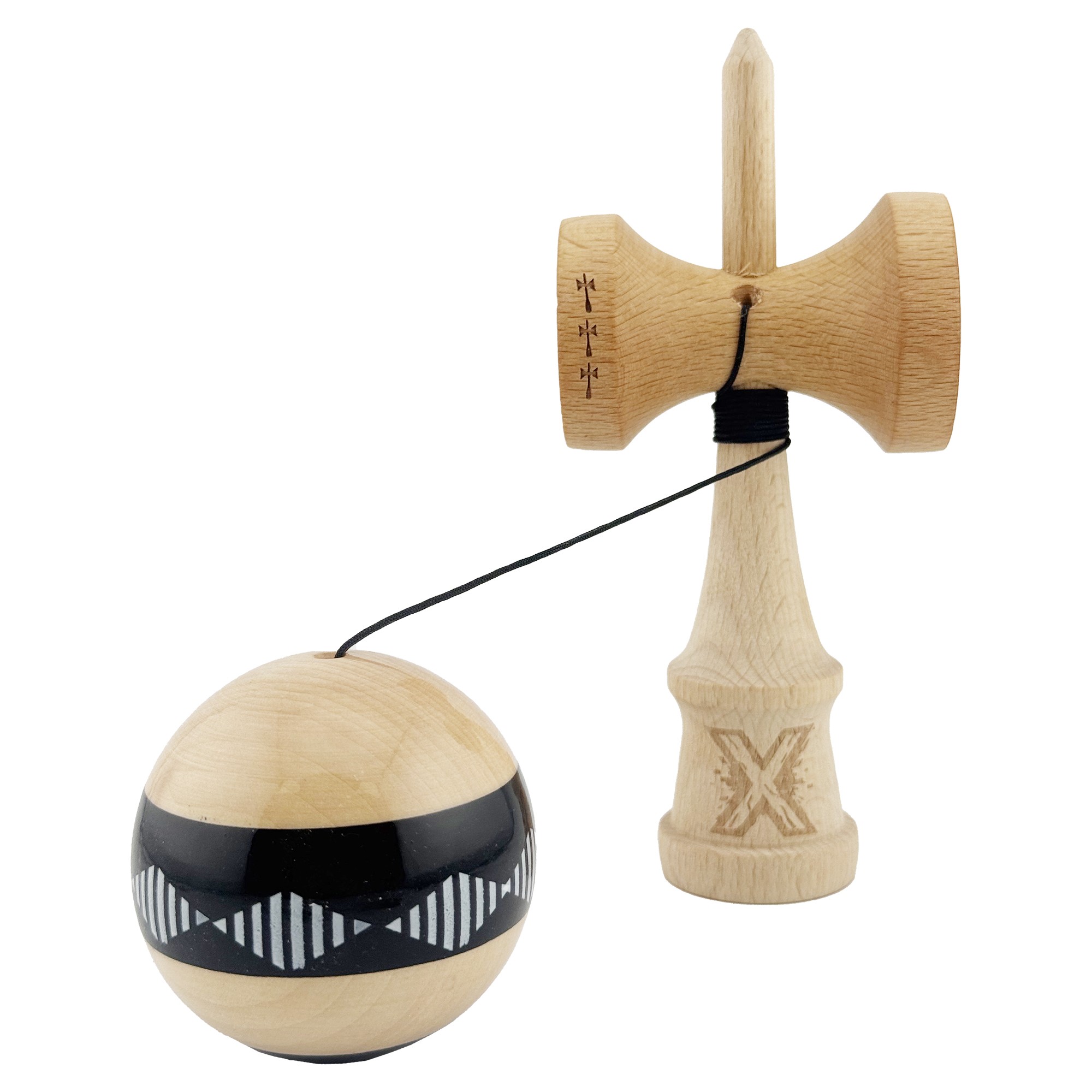 Kendama X FREQUENCY Originala, Profesionala, Flippy, Big Cups V2, Super Sticky cu Cupe Mari, Rulment Metalic, din lemn 18 cm, Ata 55 cm, Negru/Maro