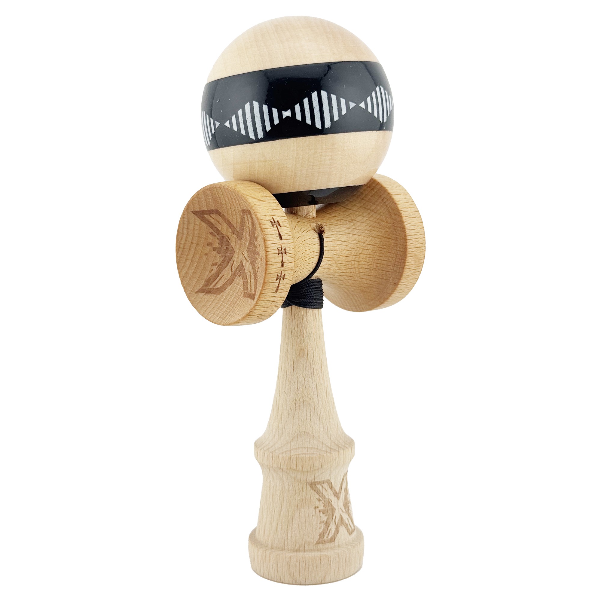 Kendama X FREQUENCY Originala, Profesionala, Flippy, Big Cups V2, Super Sticky cu Cupe Mari, Rulment Metalic, din lemn 18 cm, Ata 55 cm, Negru/Maro