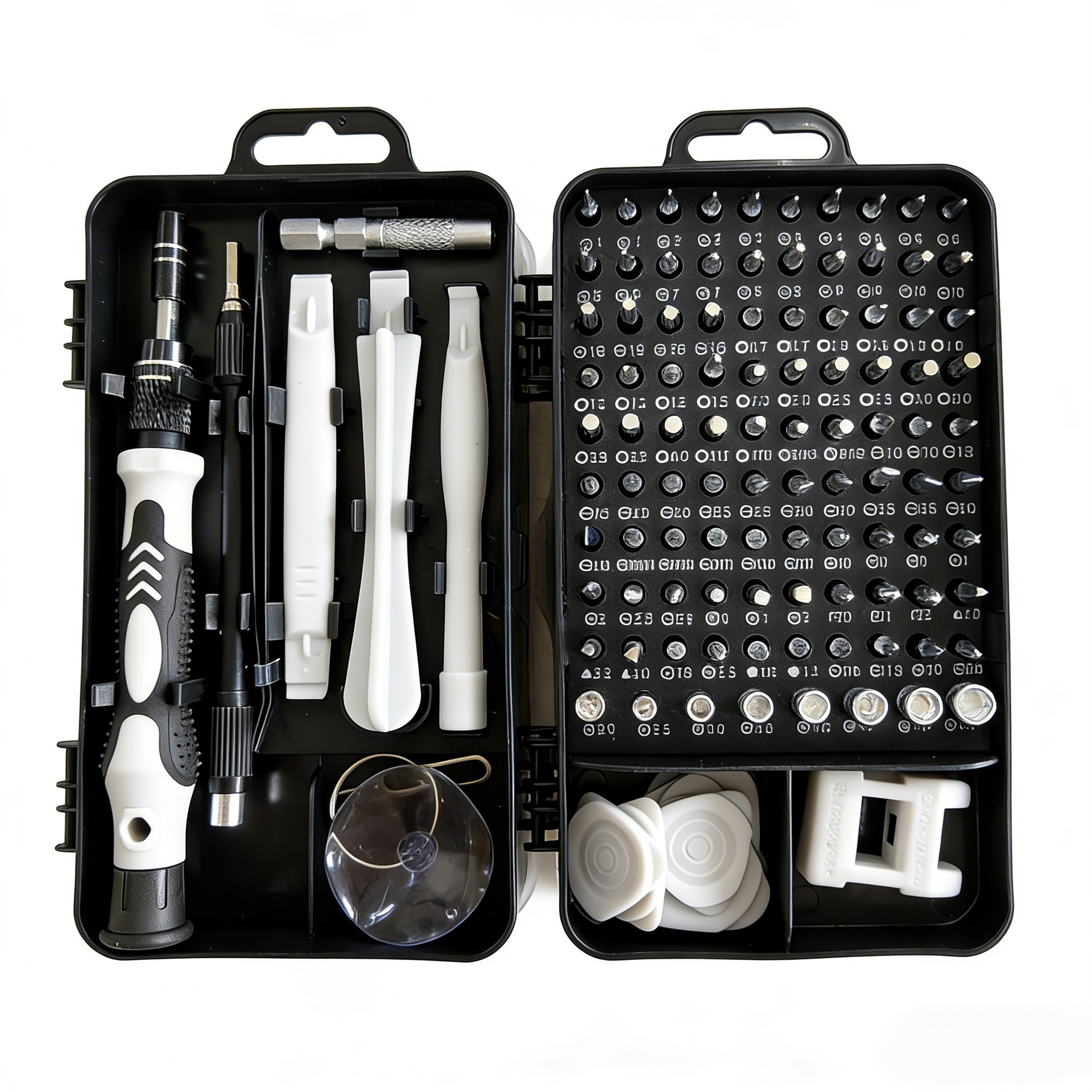 Surubelnite pentru Reparea Telefoanelor, Flippy, Set 115-in-1 Cromate, Demontarea Repararea Ceasurilor, Electronicelor Mici, Maner detalii Albe, 18 x 11 x 6 cm, Negru