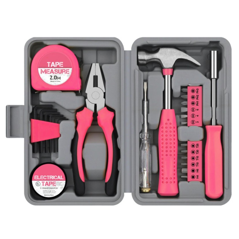 Casa si Bricolaj - Set Scule 24 piese pentru Uz Casnic, Flippy, Instrumente Set in Trusa de Plastic Gri, din Plastic si Metal, 20 x 12.5 x 3 cm, Roz