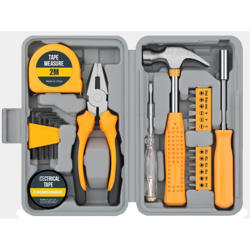 Casa si Bricolaj - Set Scule 24 piese pentru Uz Casnic, Flippy, Instrumente Set in Trusa de Plastic Gri, din Plastic si Metal, 20 x 12.5 x 3 cm, Galben