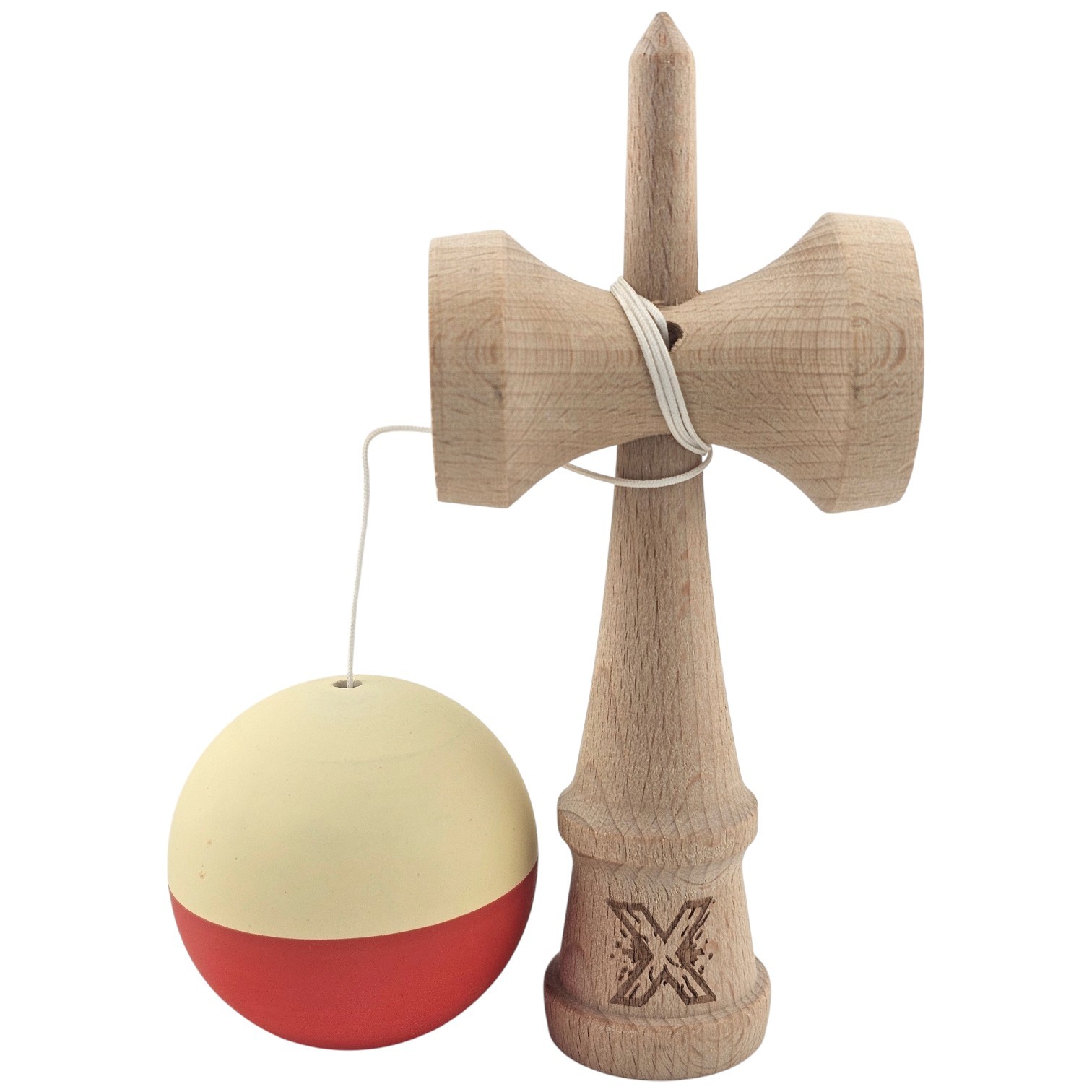 Kendama X Originala, Profesionala, Flippy, Rubber Grip, din Lemn, 18 cm, Galben deschis/Rosu