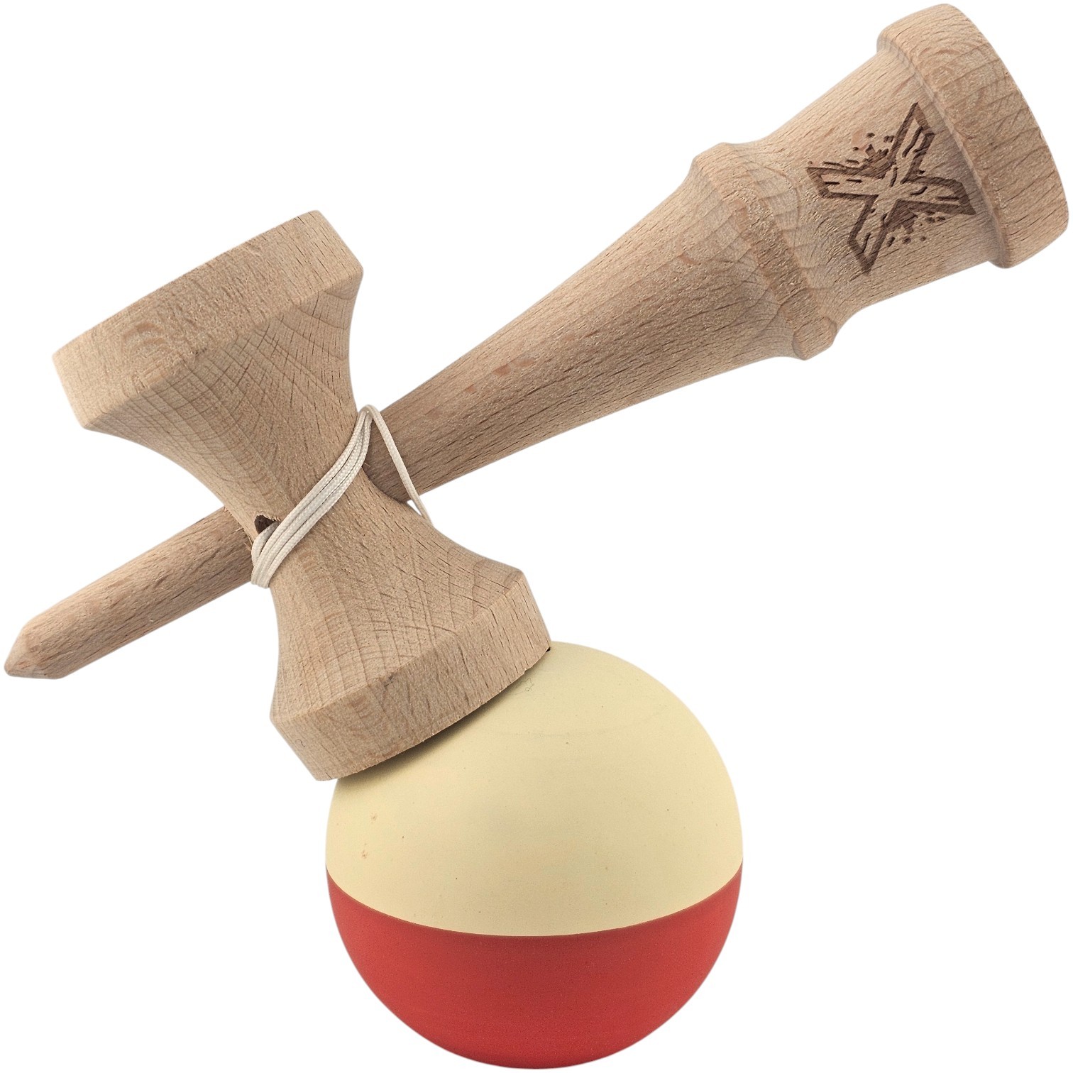 Kendama X Originala, Profesionala, Flippy, Rubber Grip, din Lemn, 18 cm, Galben deschis/Rosu