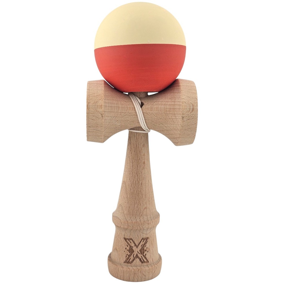 Kendama X Originala, Profesionala, Flippy, Rubber Grip, din Lemn, 18 cm, Galben deschis/Rosu