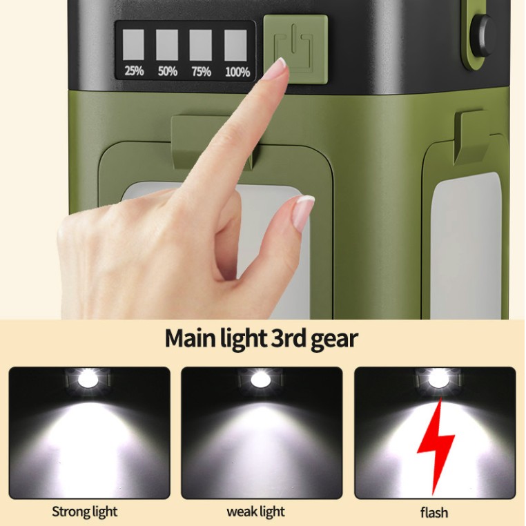 Lampa pentru Camping, Flippy, Lampa LED, Reincarcabila Solar si cablu TYPE-C, Tip Felinar 4 Laturi si Lanterna in Baza, Impermeabila, 12.5 x 7 x 7 cm, Verde