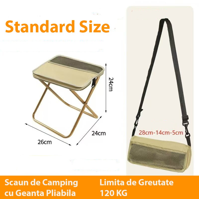 Scaun Taburet Pliabil pentru Camping, Flippy, pentru Adulti, Scaun Portabil, Pescuit, din Panza Oxford si Cadru Metalic, Mic 26 x 24 x 24 cm, Bej