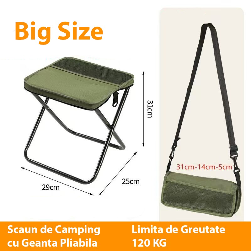 Scaun Taburet Pliabil pentru Camping, Flippy, pentru Adulti, Scaun Portabil, Pescuit, din Panza Oxford si Cadru Metalic, Mare 31 x 29 x 25 cm, Verde