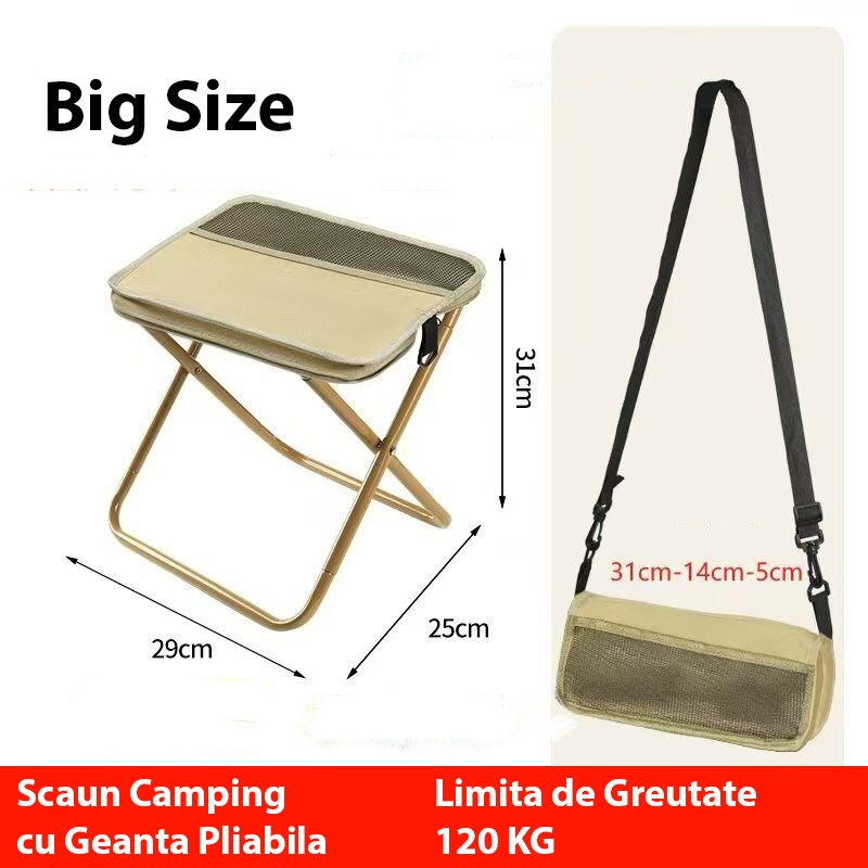Scaun Taburet Pliabil pentru Camping, Flippy, pentru Adulti, Scaun Portabil, Pescuit, din Panza Oxford si Cadru Metalic, Mare 31 x 29 x 25 cm, Bej
