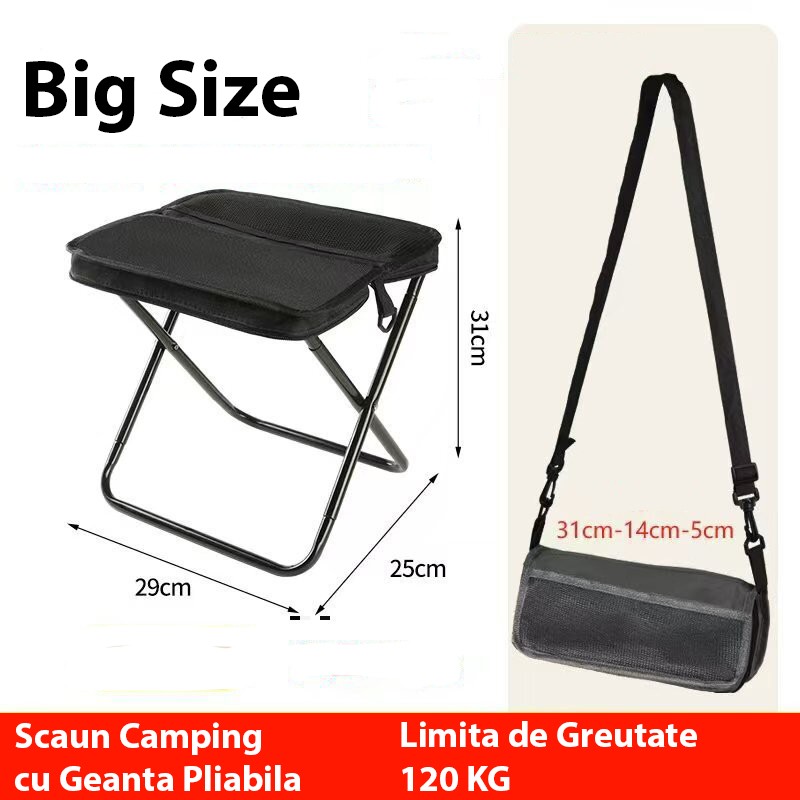 Scaun Taburet Pliabil pentru Camping, Flippy, pentru Adulti, Scaun Portabil, Pescuit, din Panza Oxford si Cadru Metalic, Mare 31 x 29 x 25 cm, Negru