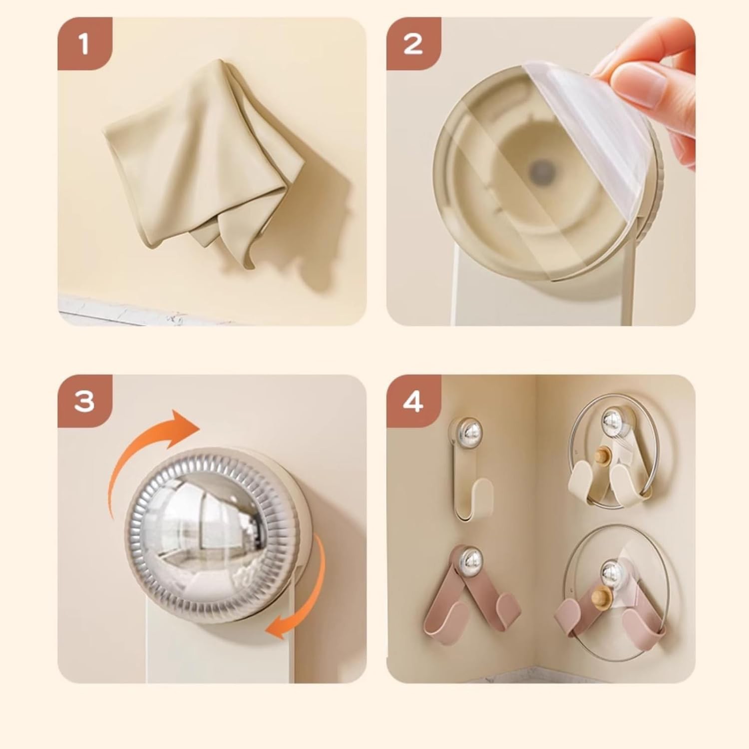 Suport pentru Capace Vase, Flippy, Suport de Depozitare pentru Capacul Oalei in Bucatarie, cu Ventuza, Usor de Montat pe Perete, 19 x 6 x 5 cm, Alb Crem