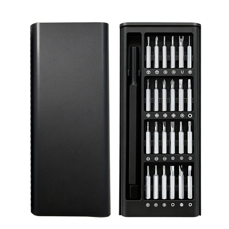Set de Surubelnite 24-in-1 cu Clichet, Flippy, Set de Uz Casnic pentru Repararea Electronicelor Mici, Maner durabil Negru, 26.5 x 15 x 1.5 cm, Negru