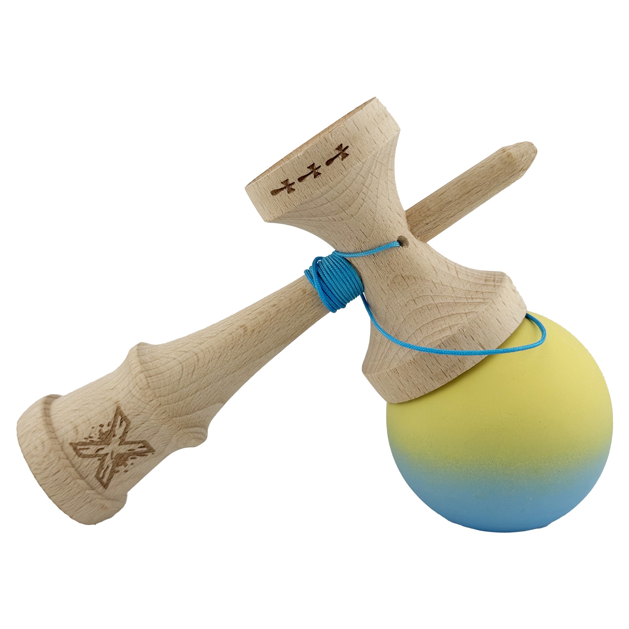 Kendama X Originala, Profesionala, Flippy, Big Cups V2, Rubber Grip cu Cupe Mari, Rulment Metalic cu Ata 55 cm, Gradient Galben/Albastru