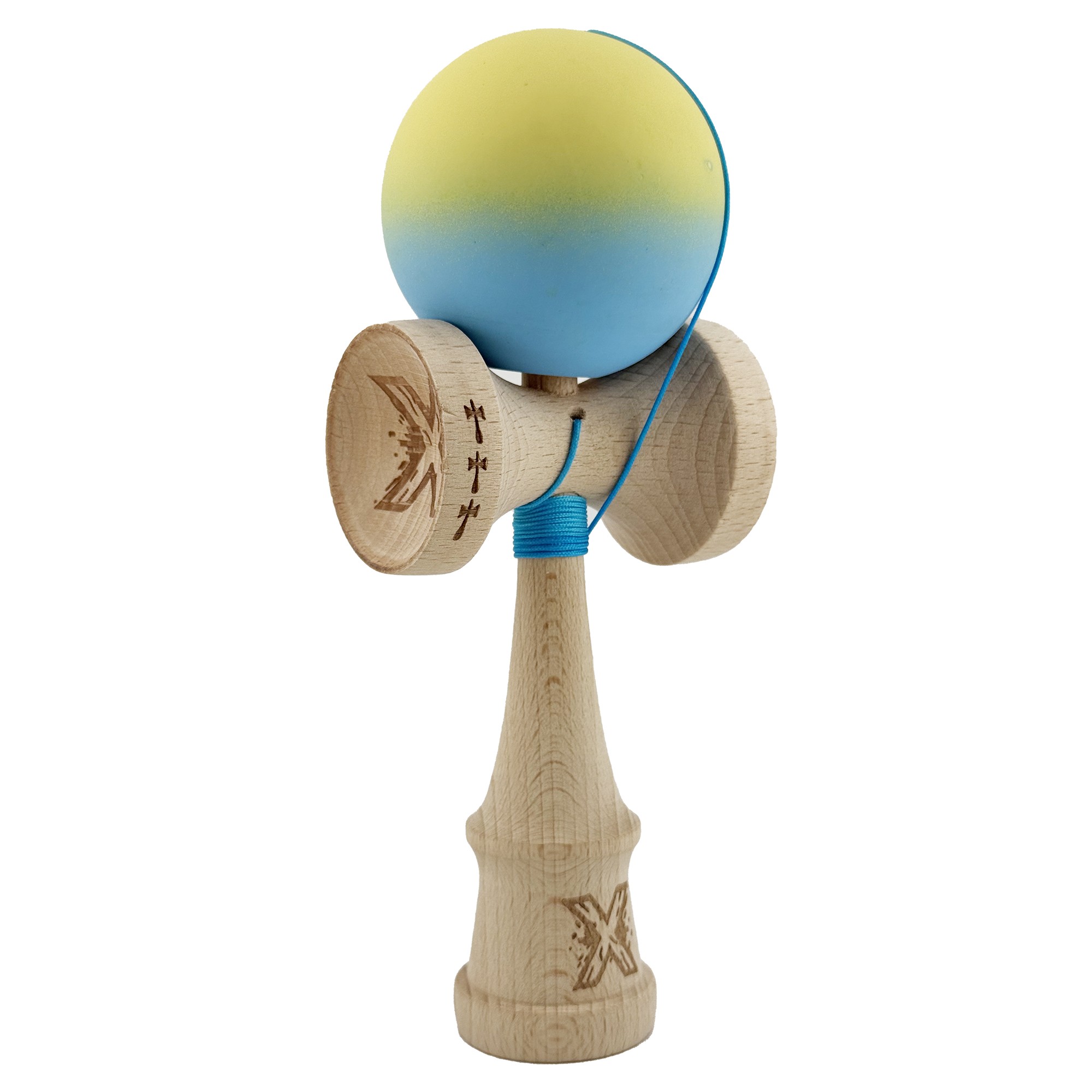 Kendama X Originala, Profesionala, Flippy, Big Cups V2, Rubber Grip cu Cupe Mari, Rulment Metalic cu Ata 55 cm, Gradient Galben/Albastru