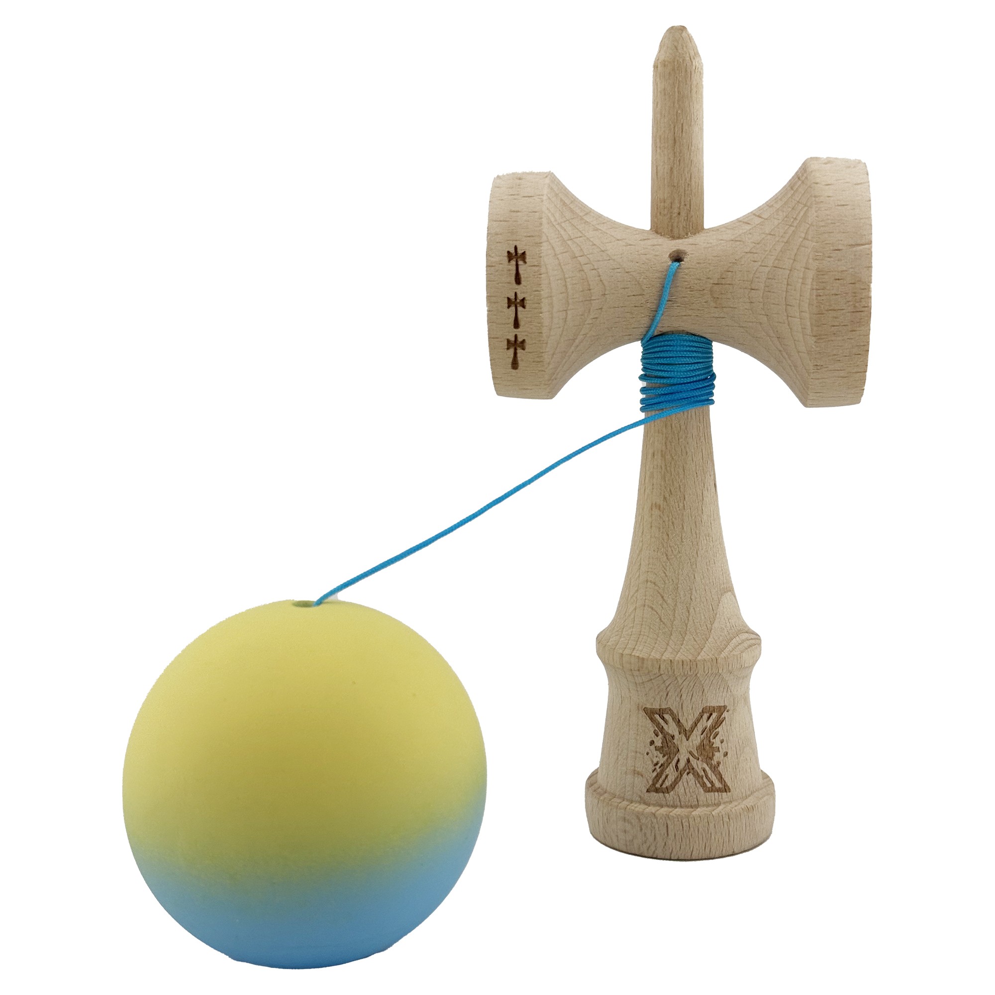 Kendama X Originala, Profesionala, Flippy, Big Cups V2, Rubber Grip cu Cupe Mari, Rulment Metalic cu Ata 55 cm, Gradient Galben/Albastru