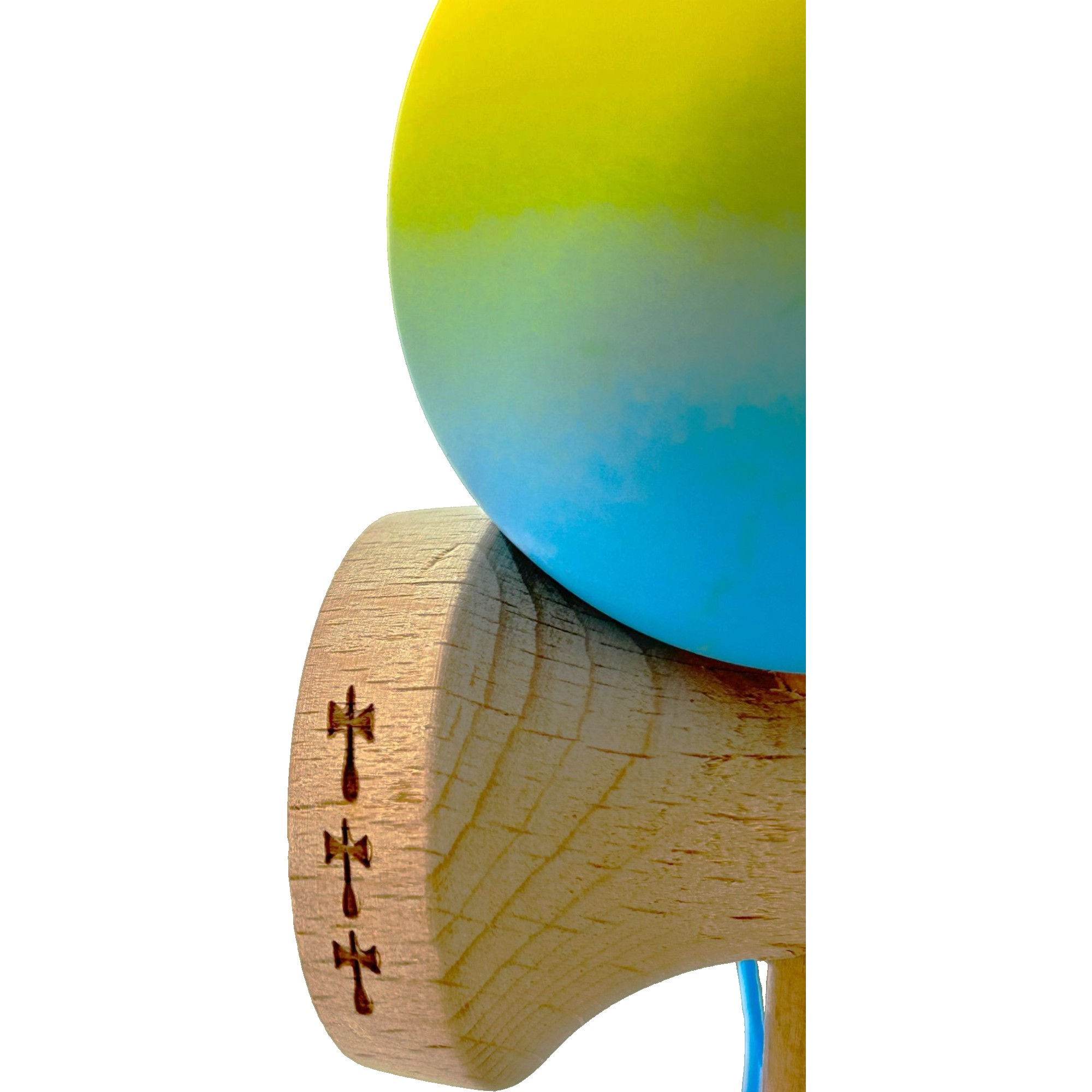 Kendama X Originala, Profesionala, Flippy, Big Cups V2, Rubber Grip cu Cupe Mari, Rulment Metalic cu Ata 55 cm, Gradient Galben/Albastru