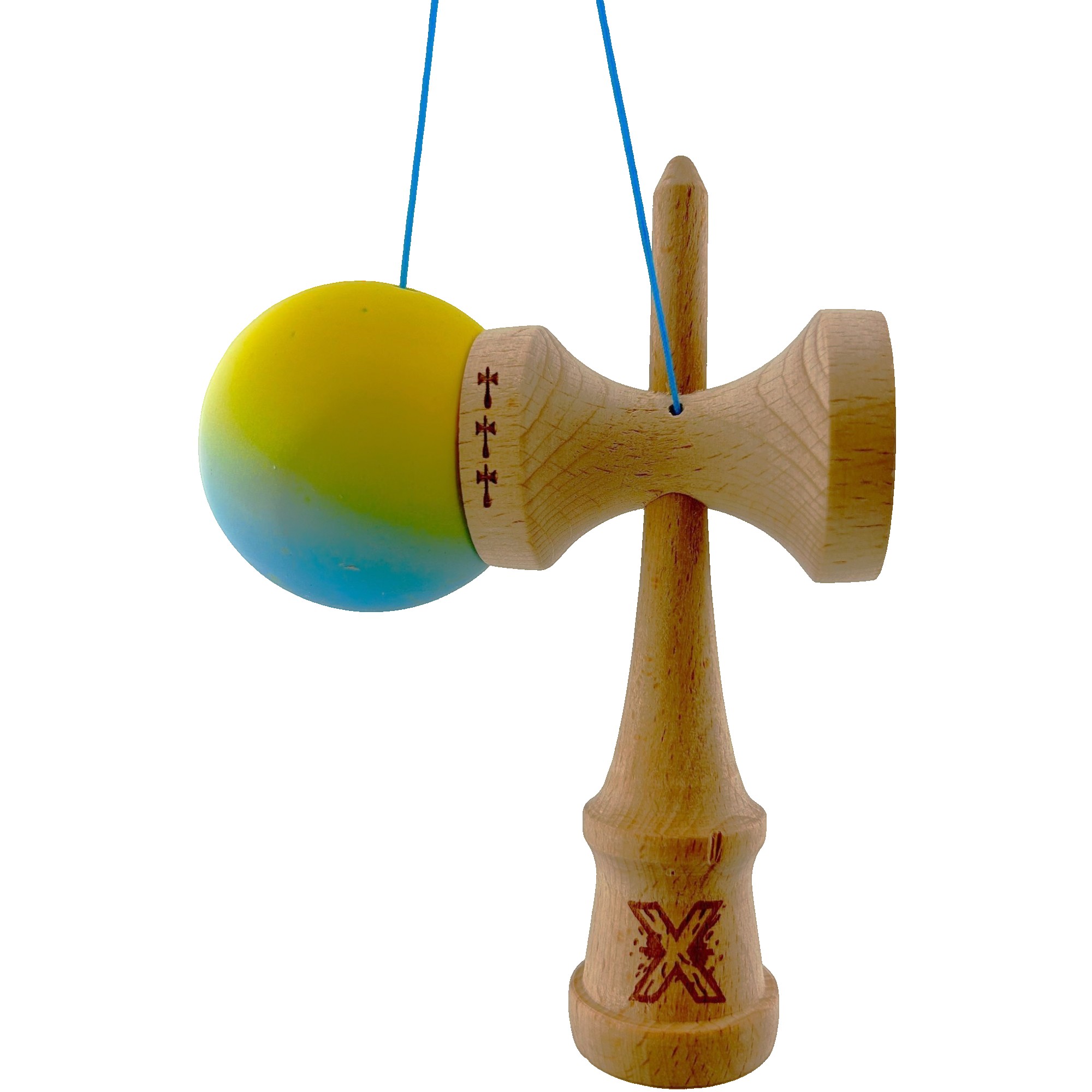 Kendama X Originala, Profesionala, Flippy, Big Cups V2, Rubber Grip cu Cupe Mari, Rulment Metalic cu Ata 55 cm, Gradient Galben/Albastru