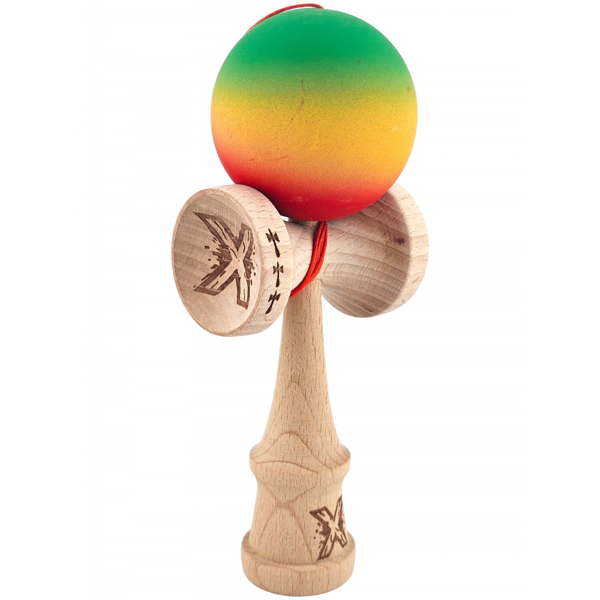 Kendama X Originala, Profesionala, Flippy, din Lemn, Big Cups, Rubber Grip, 18 cm, Verde/Galben/Rosu Kendama X Originala, Profesionala, Flippy, din Lemn, Big Cups, Rubber Grip, 18 cm, Verde/Galben/Rosu
