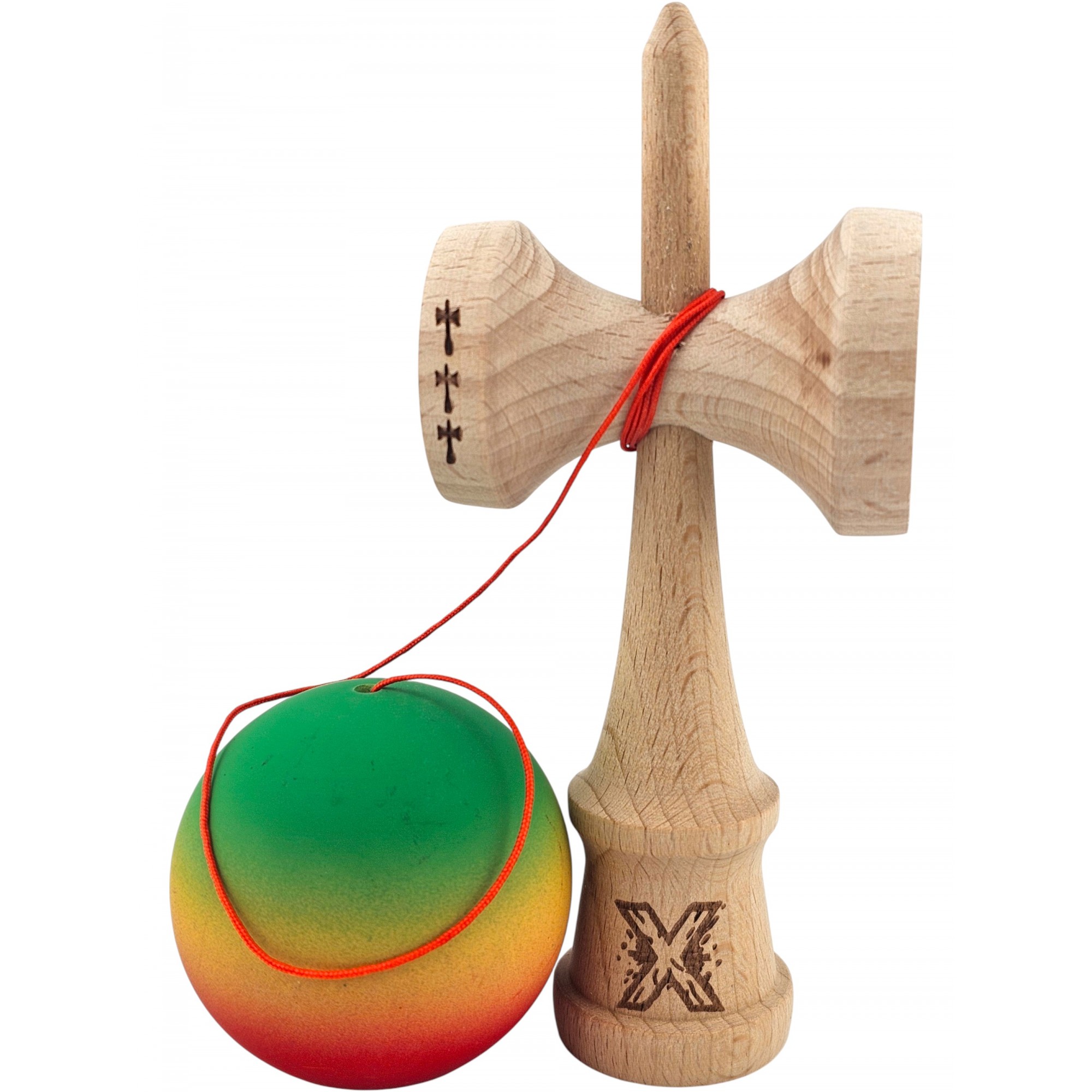 Kendama X Originala, Profesionala, Flippy, din Lemn, Big Cups, Rubber Grip, 18 cm, Verde/Galben/Rosu Kendama X Originala, Profesionala, Flippy, din Lemn, Big Cups, Rubber Grip, 18 cm, Verde/Galben/Rosu