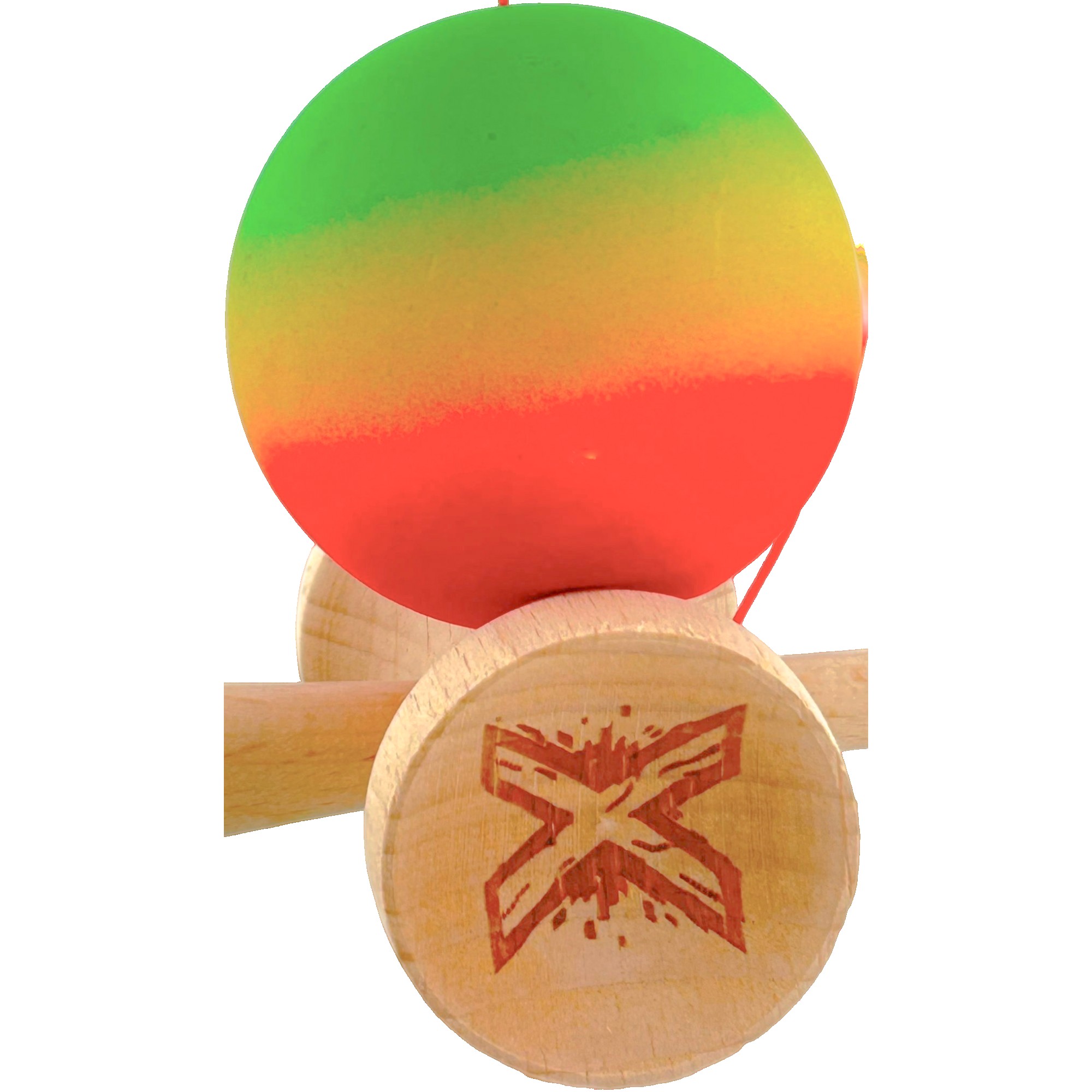 Kendama X Originala, Profesionala, Flippy, Big Cups V2, Rubber Grip cu Cupe Mari, Rulment Metalic cu Ata 55 cm, Verde/Galben/Rosu