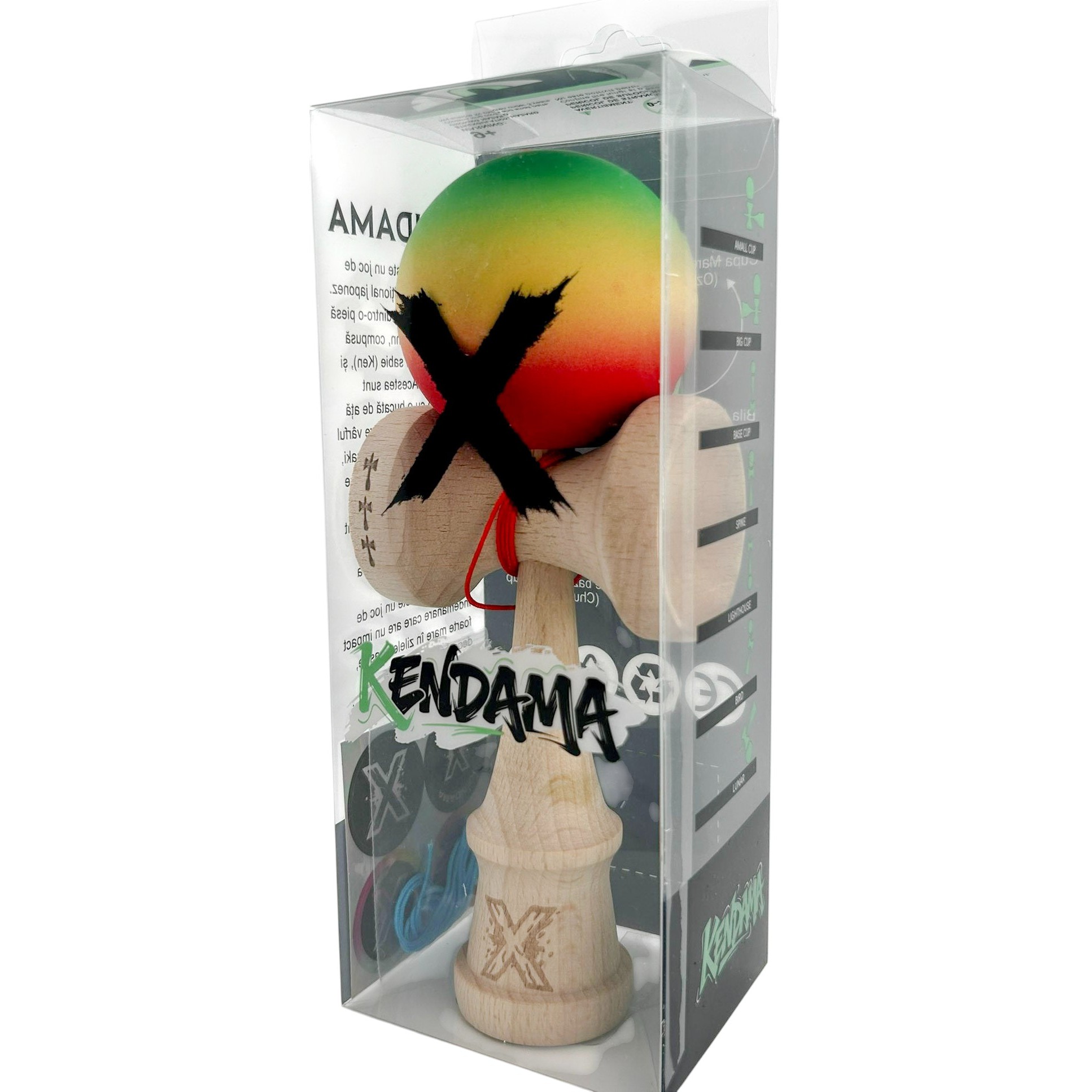 Kendama X Originala, Profesionala, Flippy, Big Cups V2, Rubber Grip cu Cupe Mari, Rulment Metalic cu Ata 55 cm, Verde/Galben/Rosu