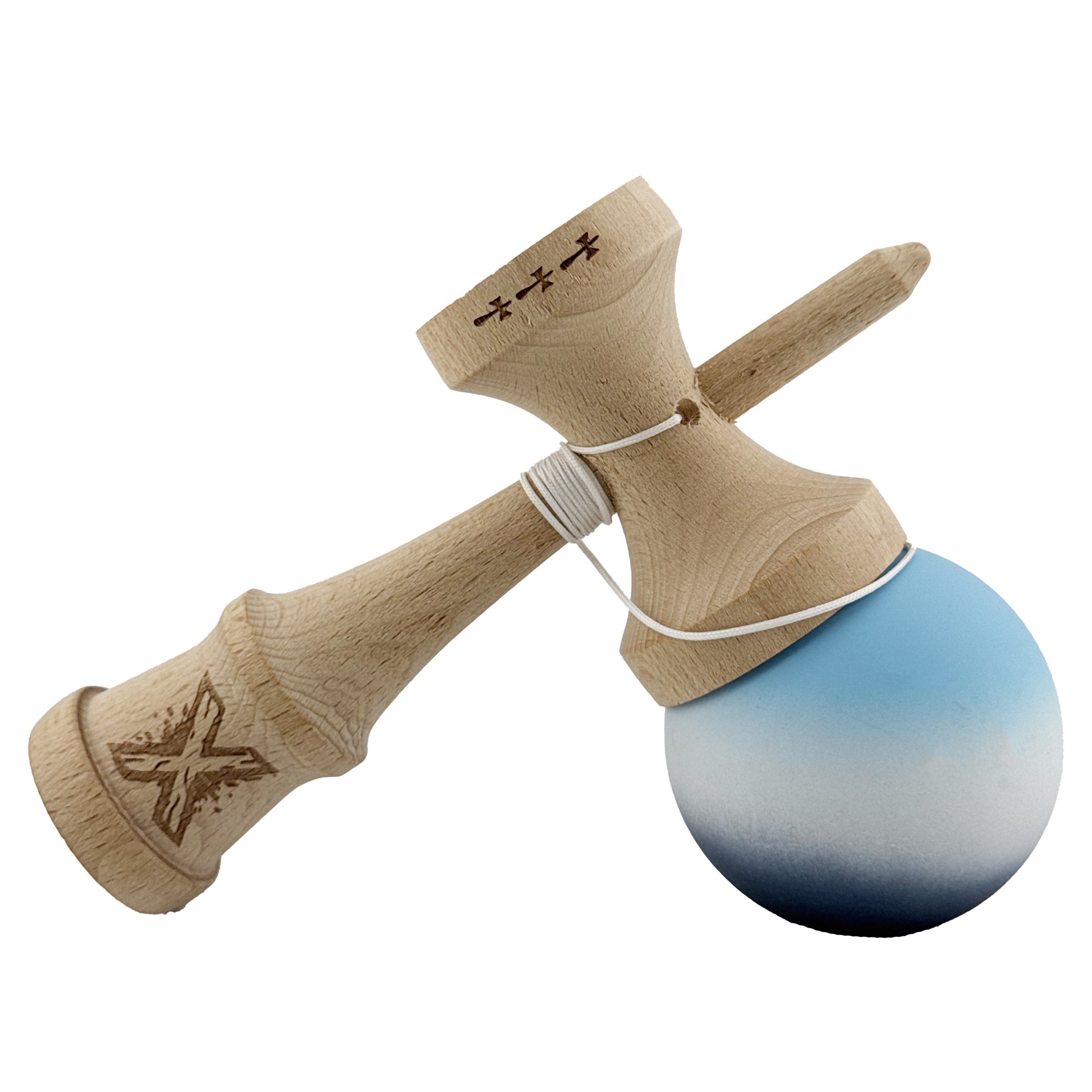 Kendama X Originala, Profesionala, Flippy, Big Cups V2, Rubber Grip cu Cupe Mari, Rulment Metalic cu Ata 55 cm, Gradient Albastru/Alb/Negru