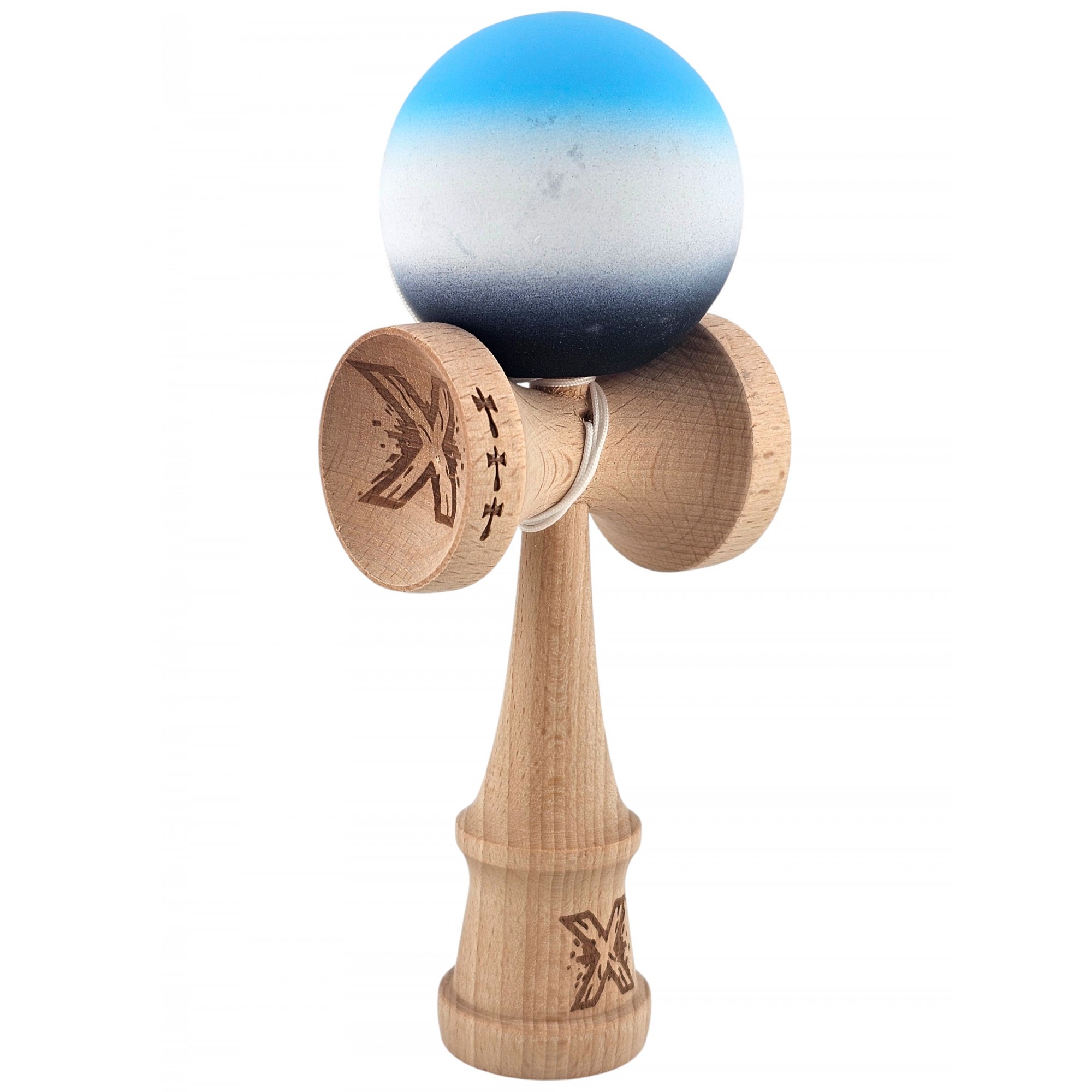 Kendama X Originala, Profesionala, Flippy, din Lemn, Big Cups, Rubber Grip, 18 cm, Albastru/Alb/Violet Kendama X Originala, Profesionala, Flippy, din Lemn, Big Cups, Rubber Grip, 18 cm, Albastru/Alb/Violet