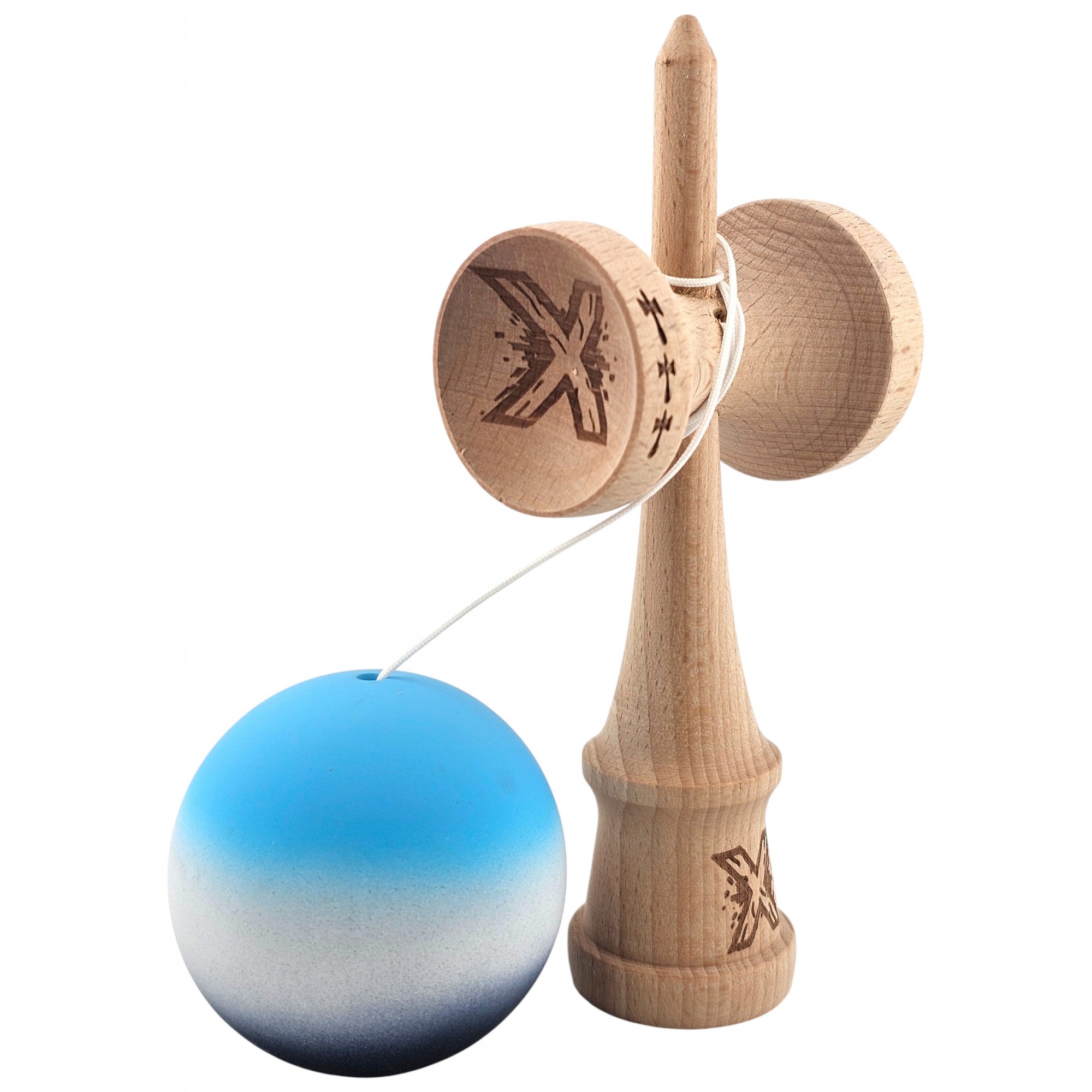 Kendama X Originala, Profesionala, Flippy, din Lemn, Big Cups, Rubber Grip, 18 cm, Albastru/Alb/Violet Kendama X Originala, Profesionala, Flippy, din Lemn, Big Cups, Rubber Grip, 18 cm, Albastru/Alb/Violet