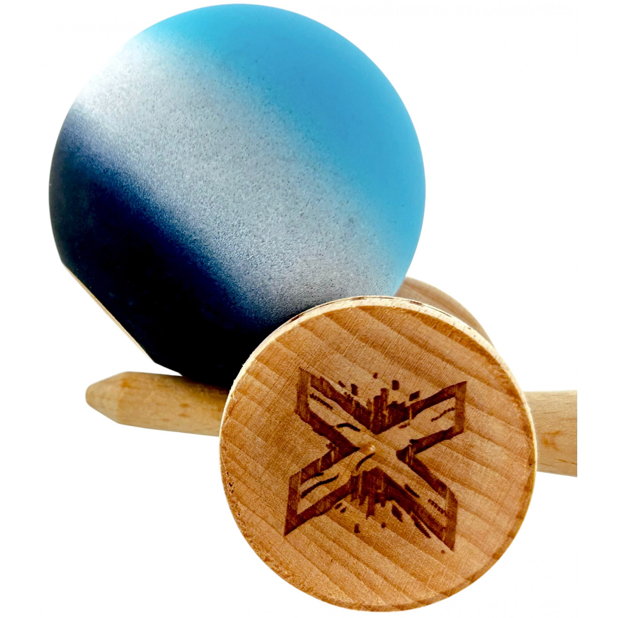 Kendama X Originala, Profesionala, Flippy, Big Cups V2, Rubber Grip cu Cupe Mari, Rulment Metalic cu Ata 55 cm, Gradient Albastru/Alb/Violet